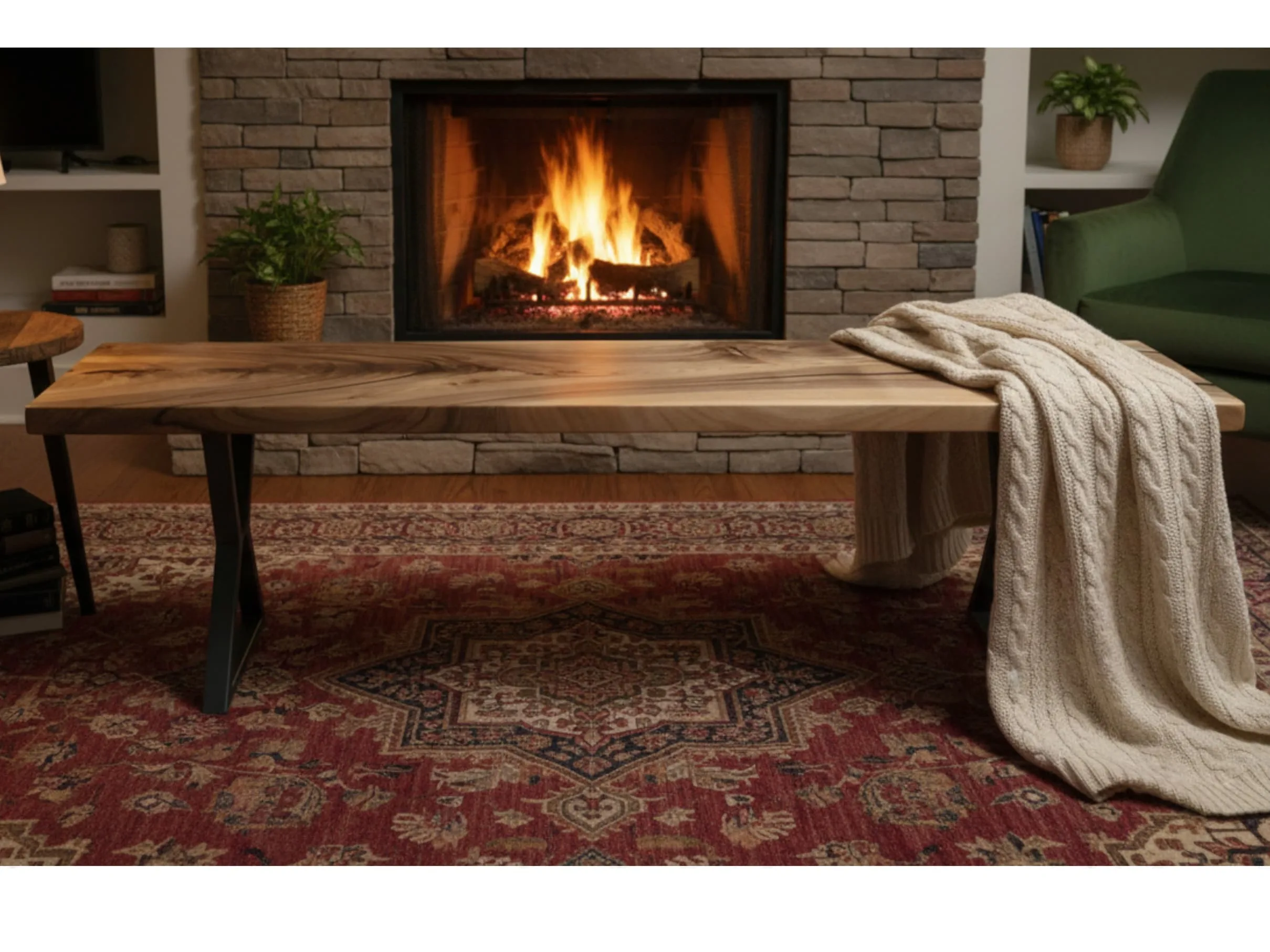 Walnut wood bench styled in a living room setting
