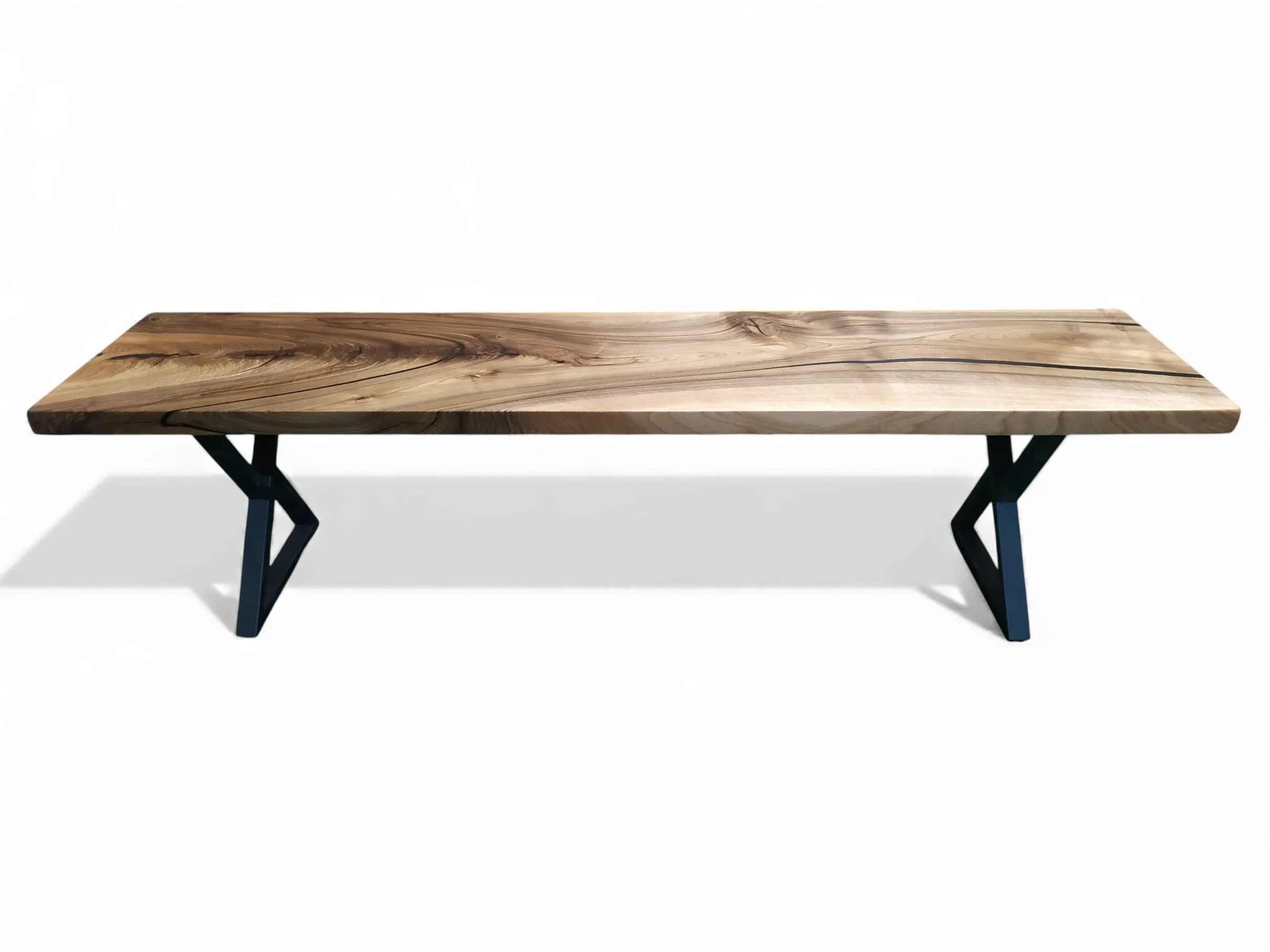 Handcrafted walnut wood bench with sturdy metal legs, front view