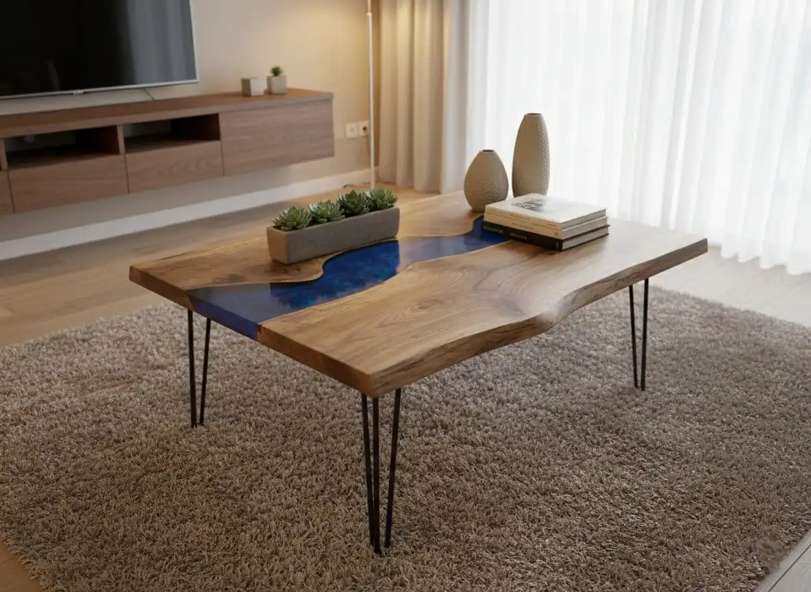 Blue epoxy coffee table handcrafted from solid walnut
