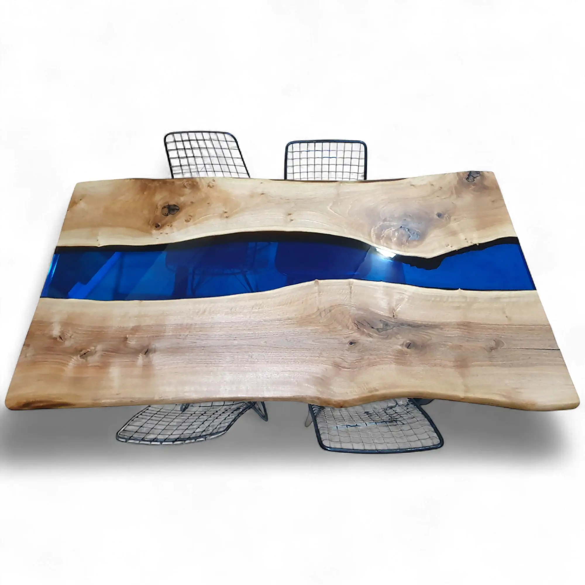 Top view of blue epoxy river dining table