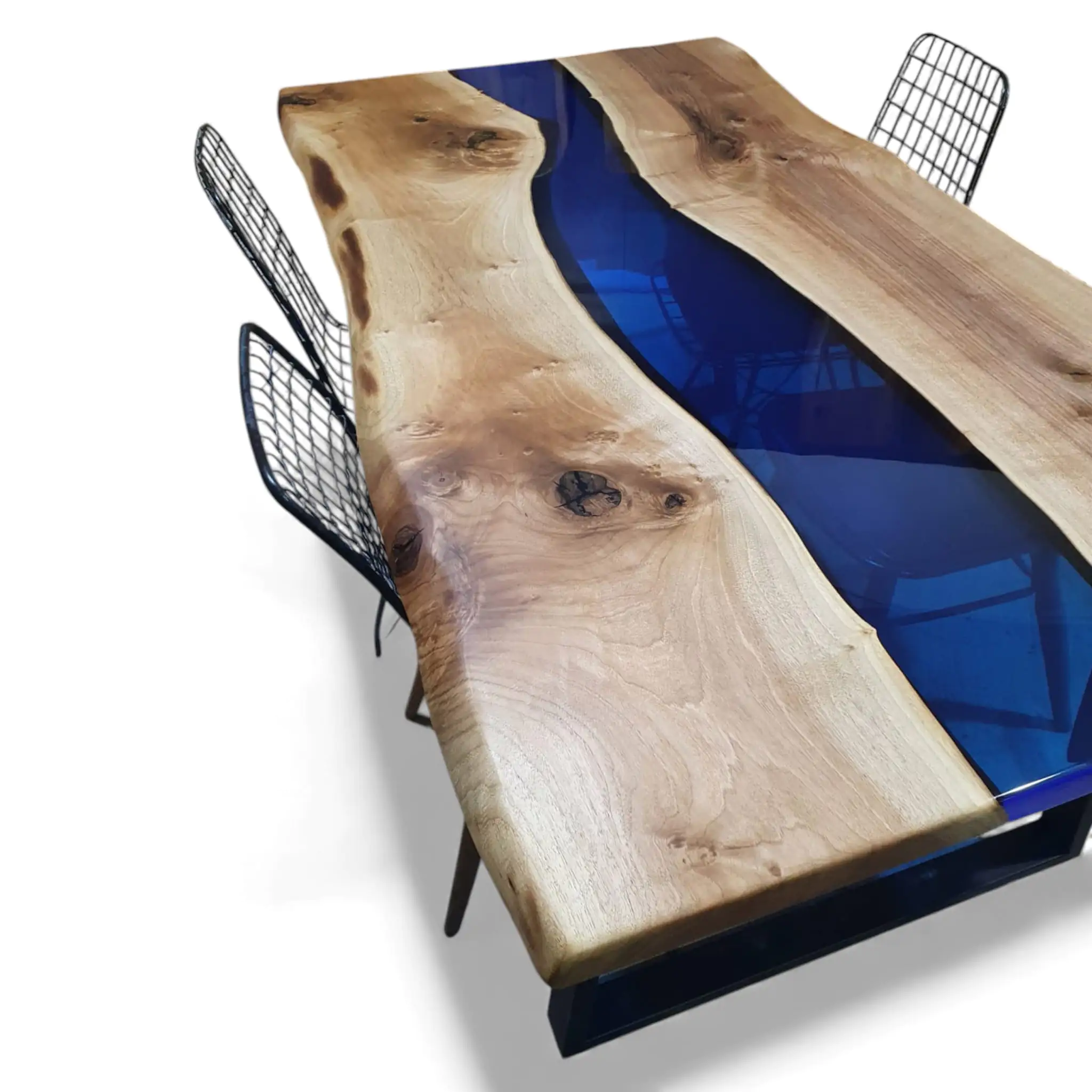 Live edge walnut dining table with blue resin center