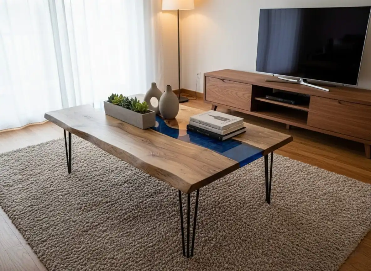 Live edge blue epoxy coffee table design
