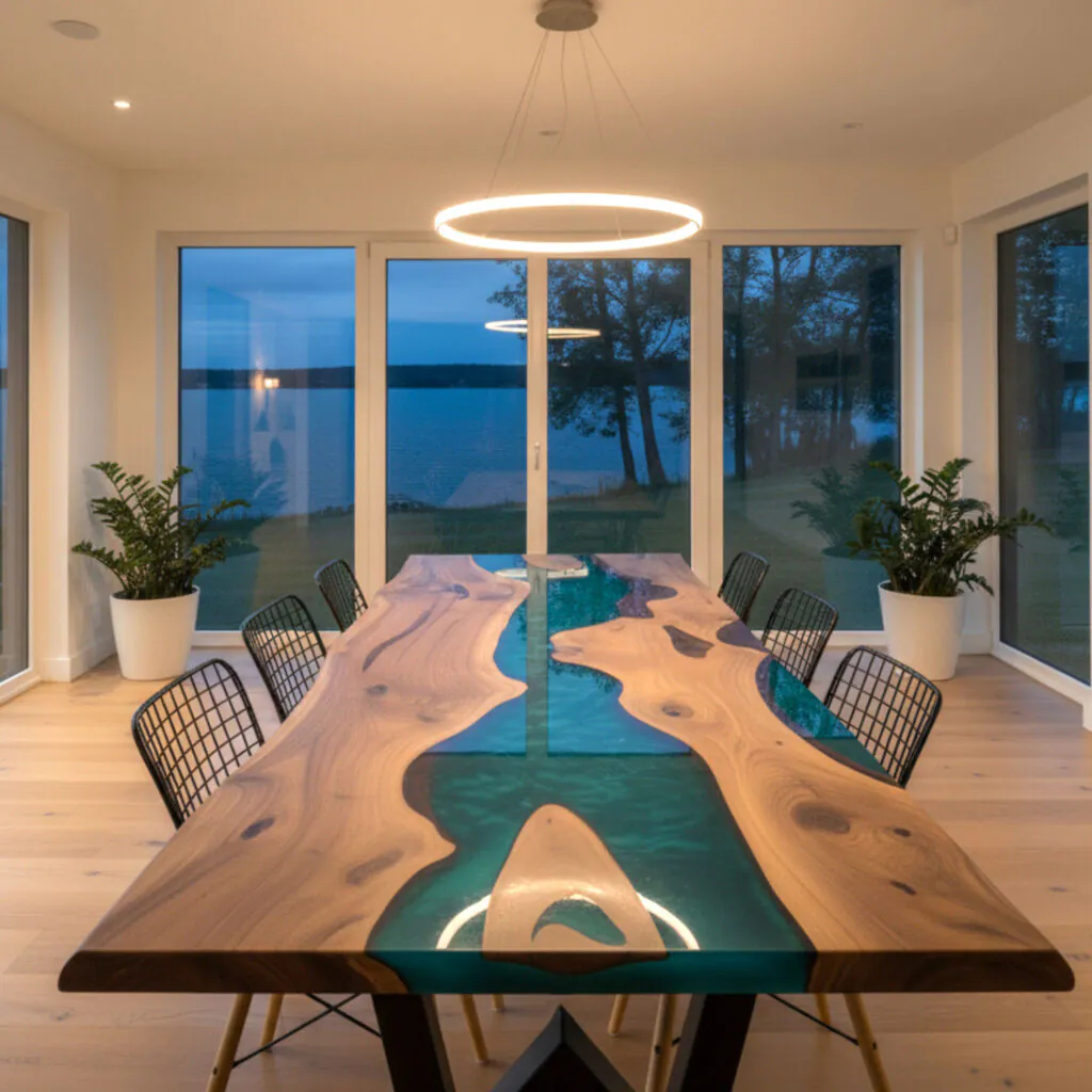 live edge dining table solid walnut with turquoise epoxy river handcrafted in Ankara