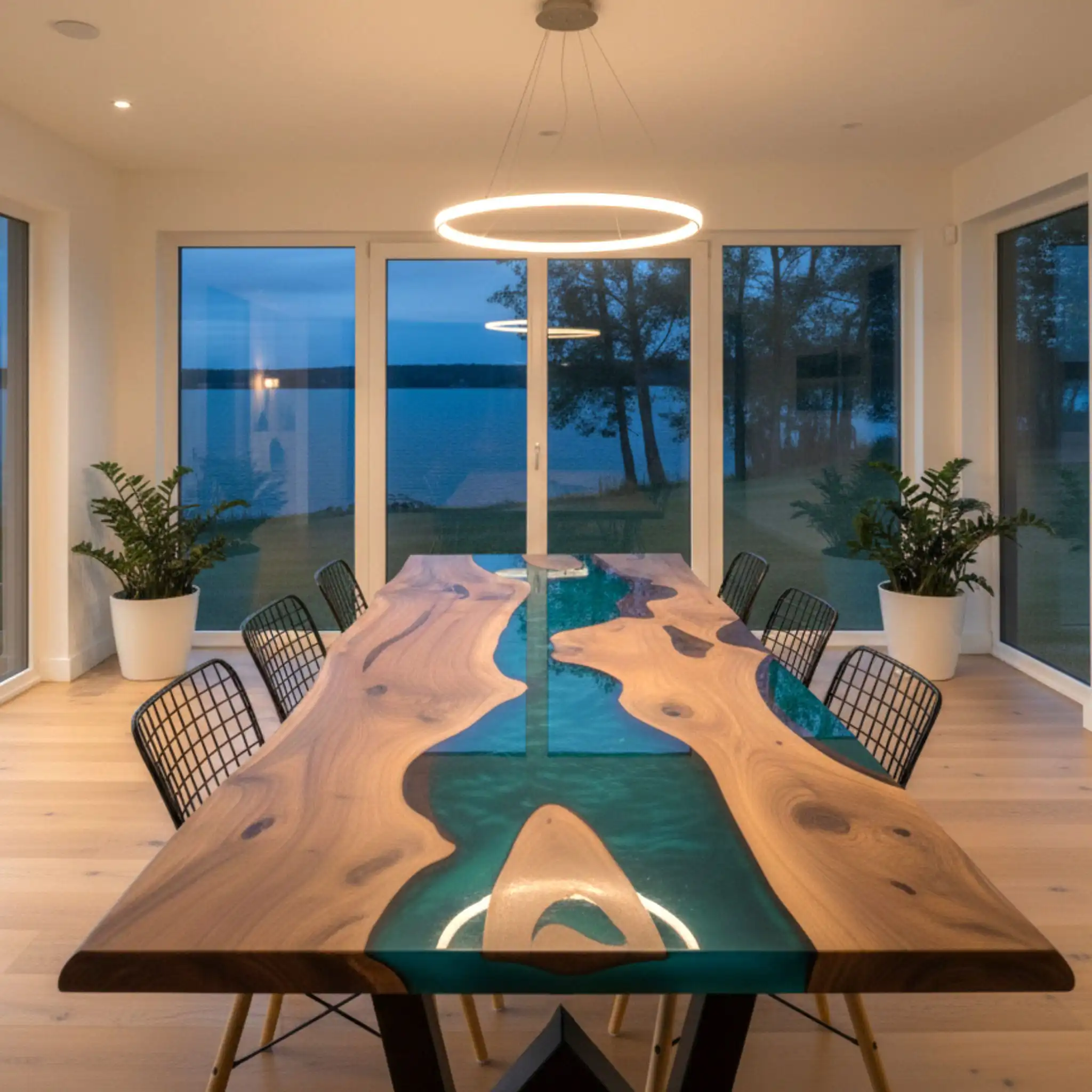 live edge dining table solid walnut with turquoise epoxy river handcrafted in Ankara