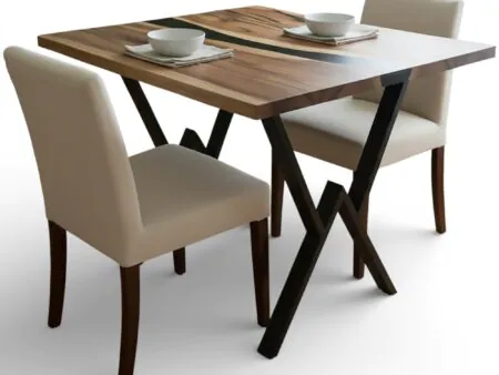 Square black epoxy dining table with live edge walnut