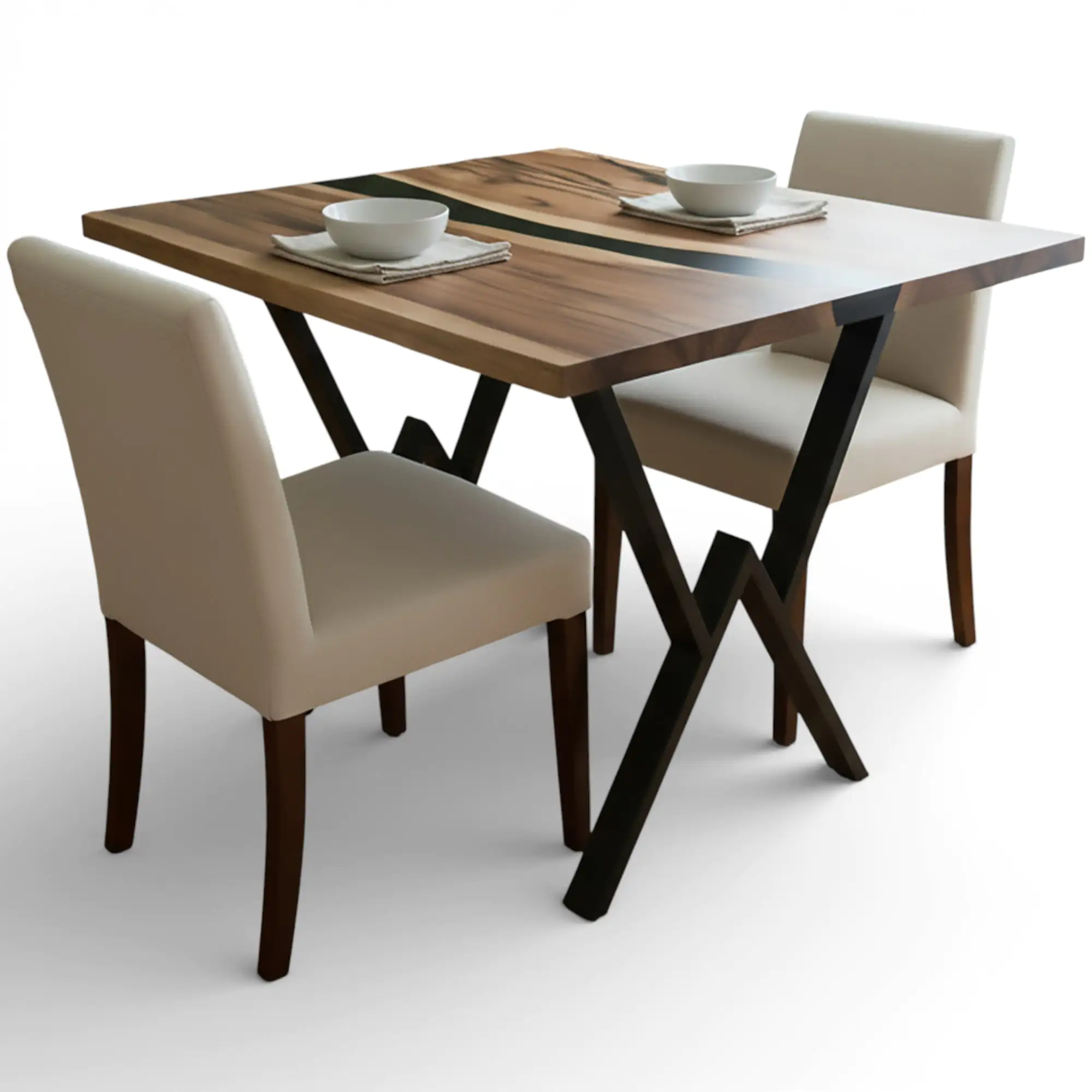 Square black epoxy dining table with live edge walnut