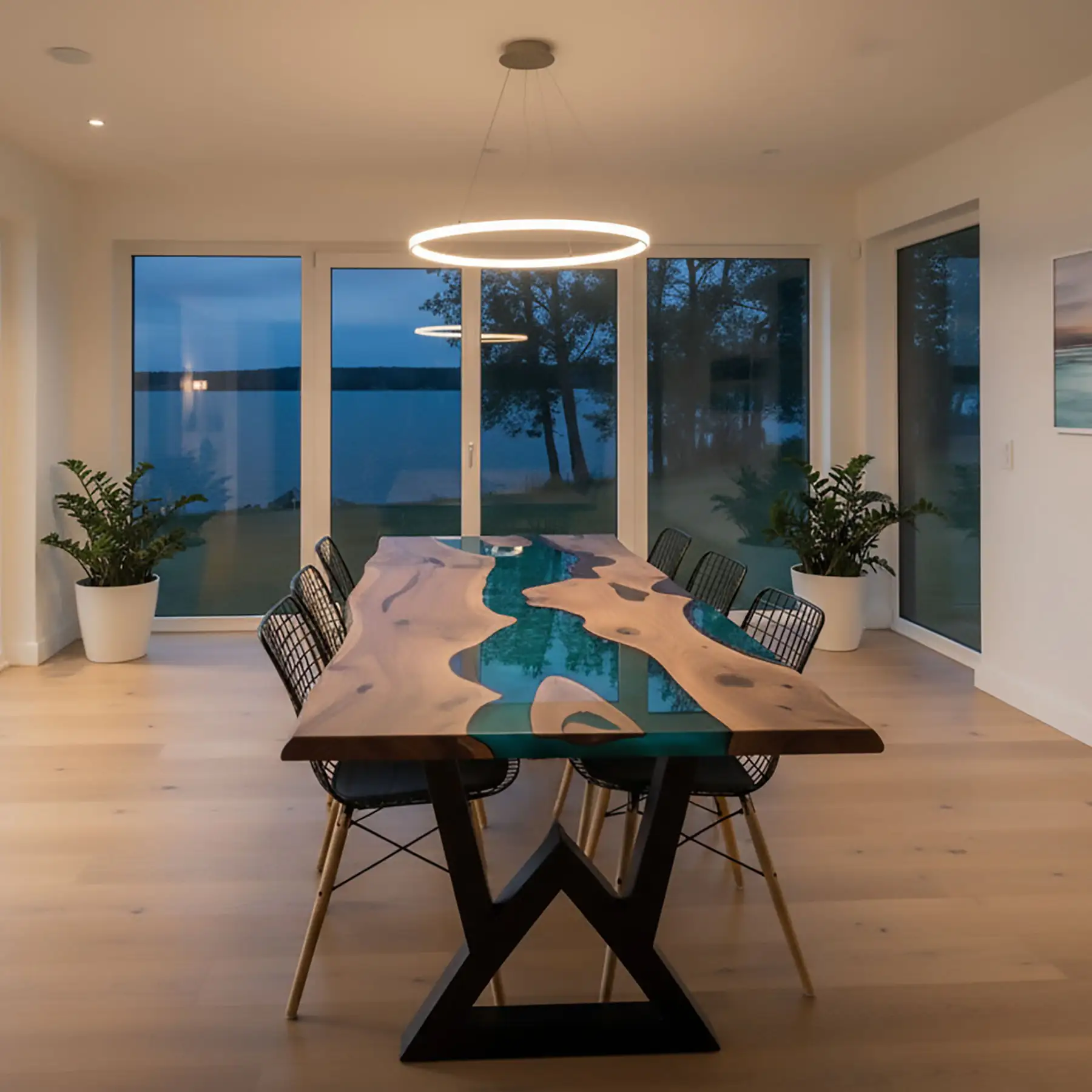 live edge dining table with turquoise epoxy river detail