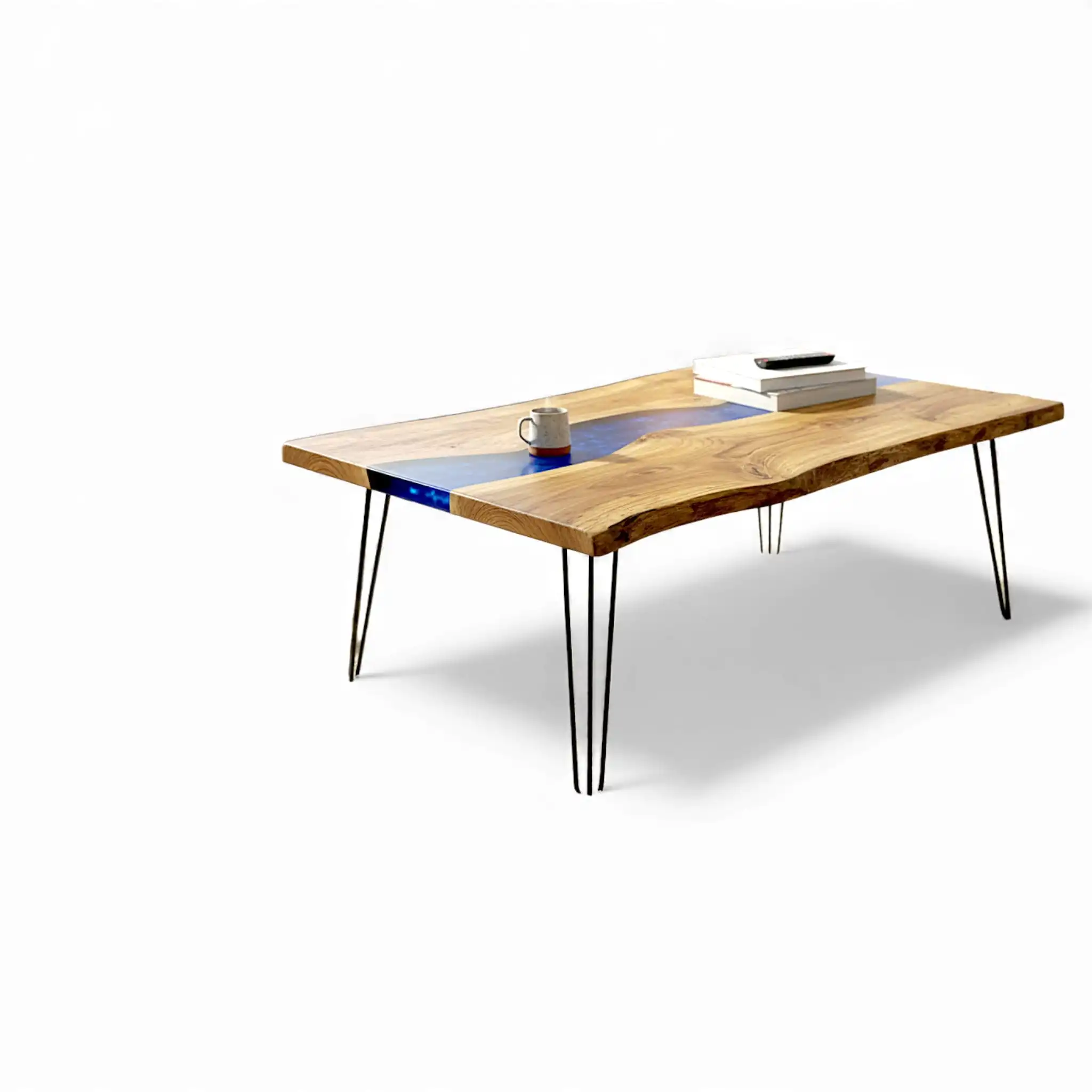 Modern blue epoxy resin coffee table in living room