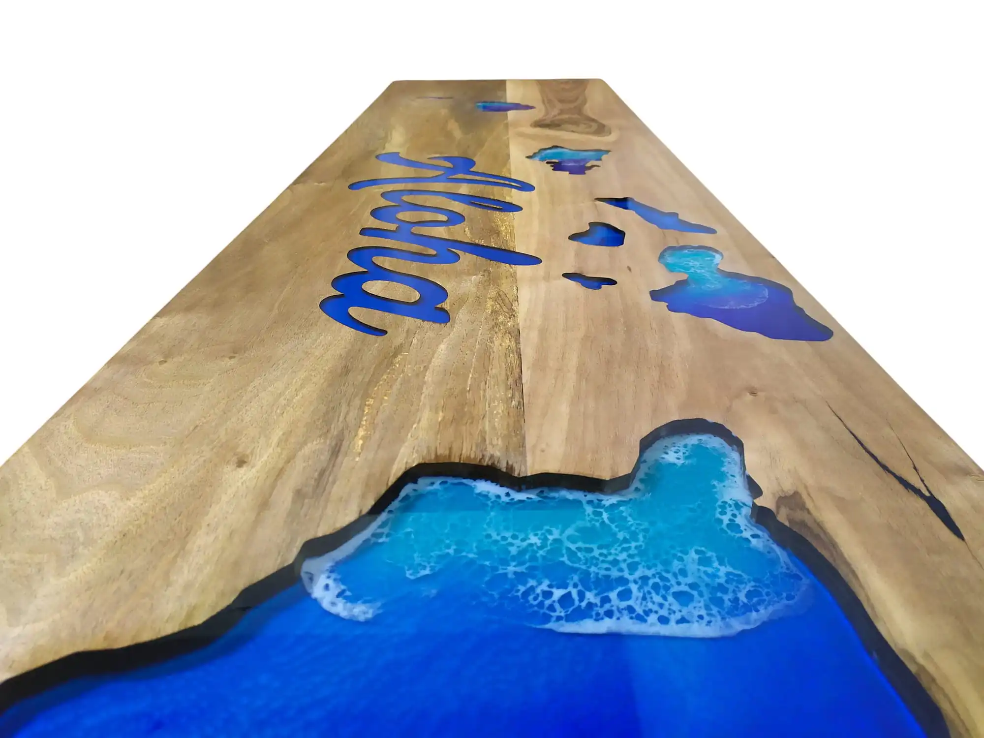 blue epoxy entryway bench with ocean wave resin design and wood island cutout