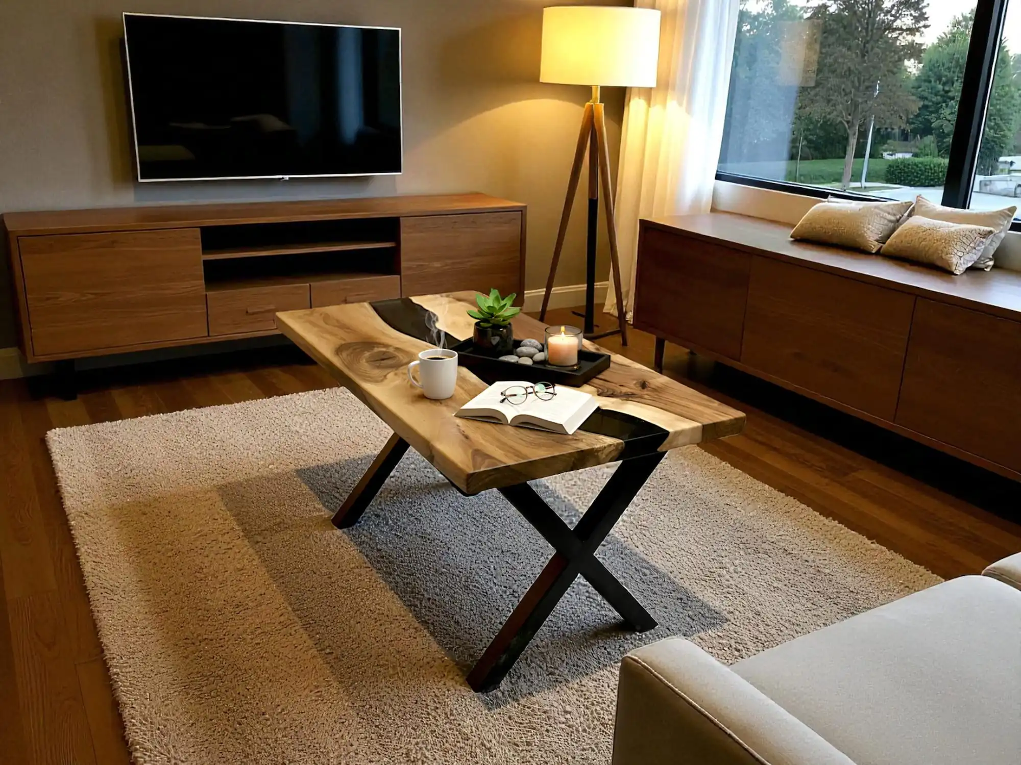 custom epoxy resin coffee table with transparent black resin channel and natural walnut grain
