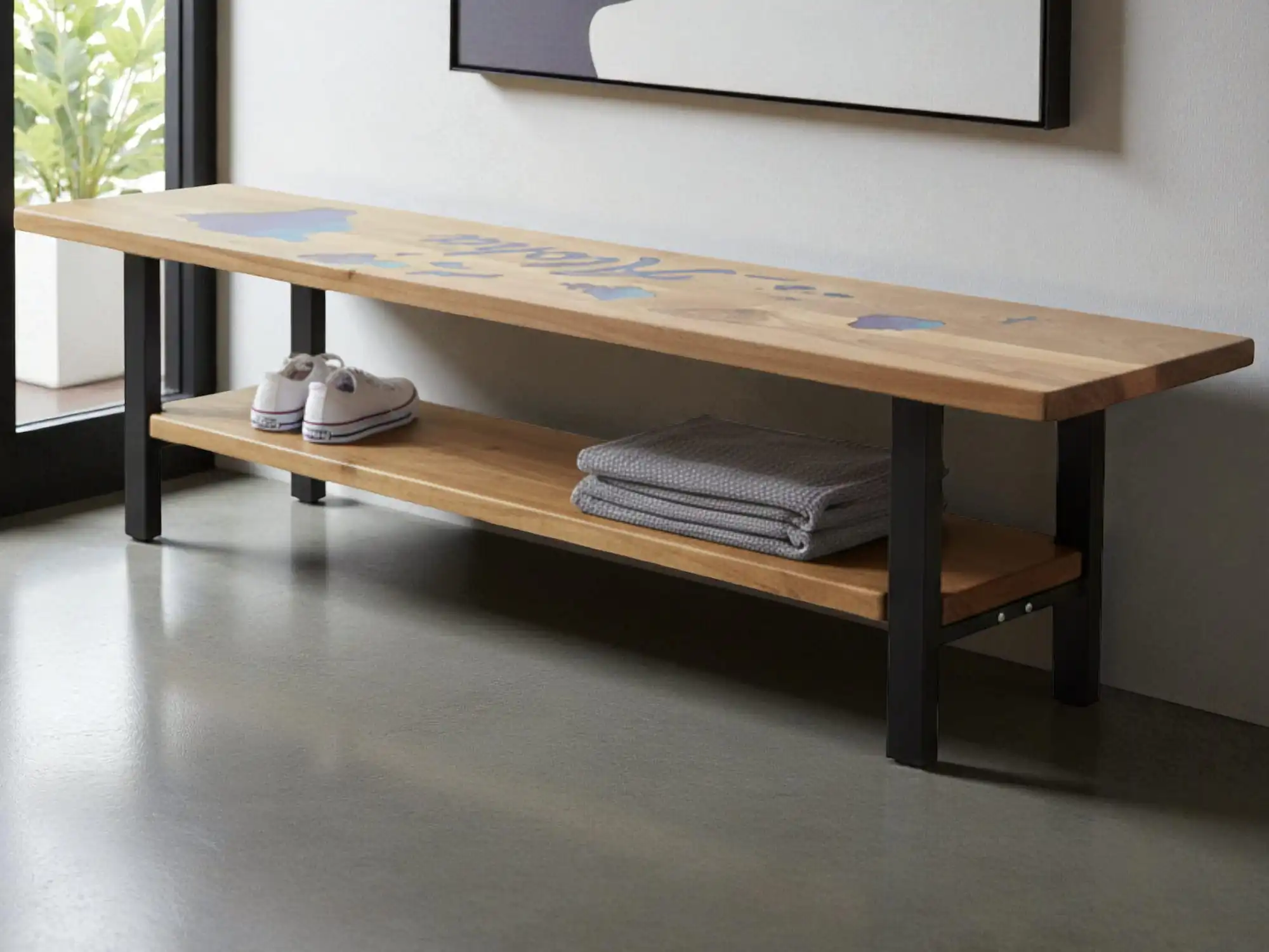 custom epoxy wood entryway bench handcrafted by WOWbyALP