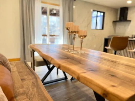 custom solid wood dining table with bench set made from natural hardwood handcrafted by WOWbyALP