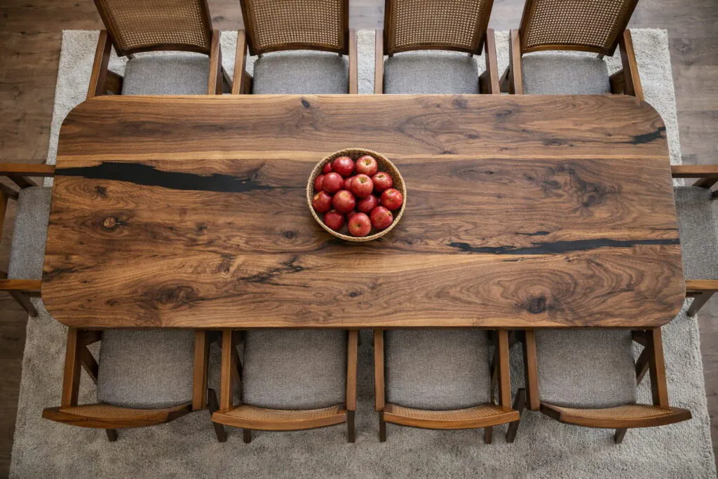 designer solid wood dining table set handcrafted walnut furniture