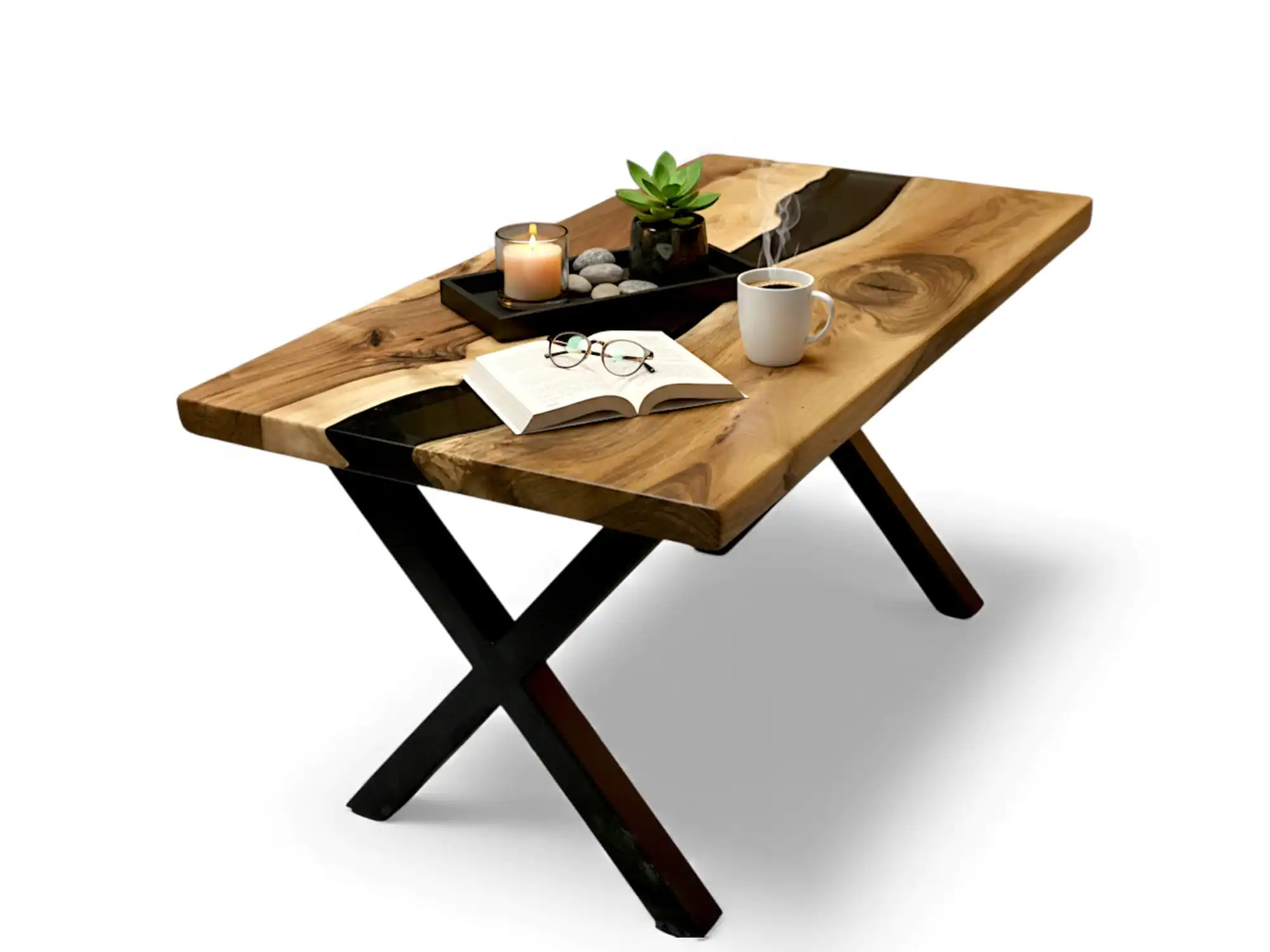 transparent black epoxy coffee table polished resin surface reflecting walnut grain pattern