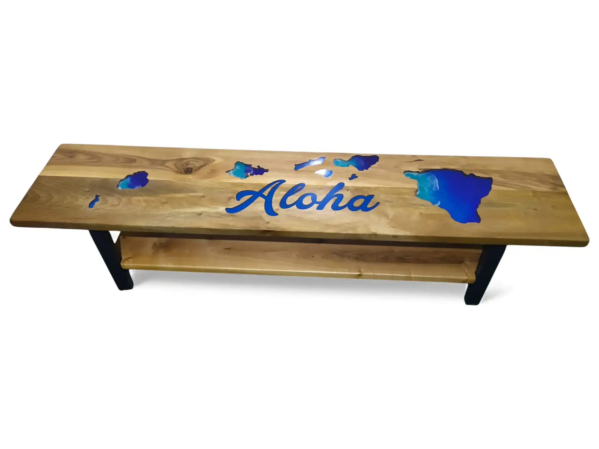 entryway bench with epoxy top and lower wooden shelf for shoe storage