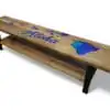 entryway bench with Hawaii islands wood inlay and blue epoxy ocean design handcrafted by WOWbyALP