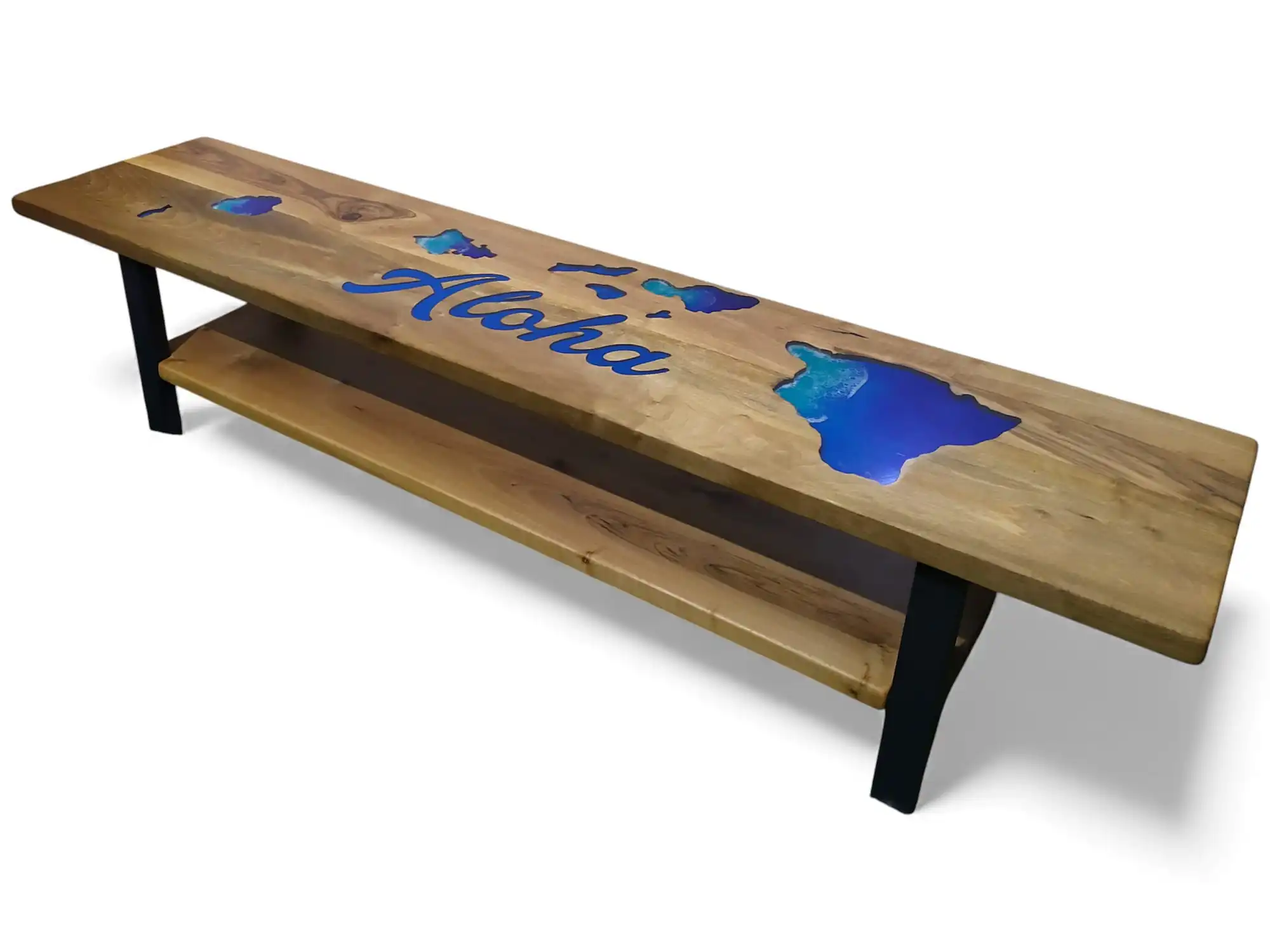 entryway bench with Hawaii islands wood inlay and blue epoxy ocean design handcrafted by WOWbyALP