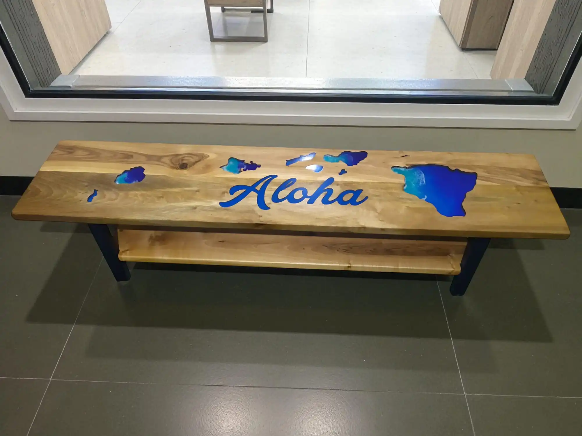 entryway bench with Hawaii islands epoxy inlay design