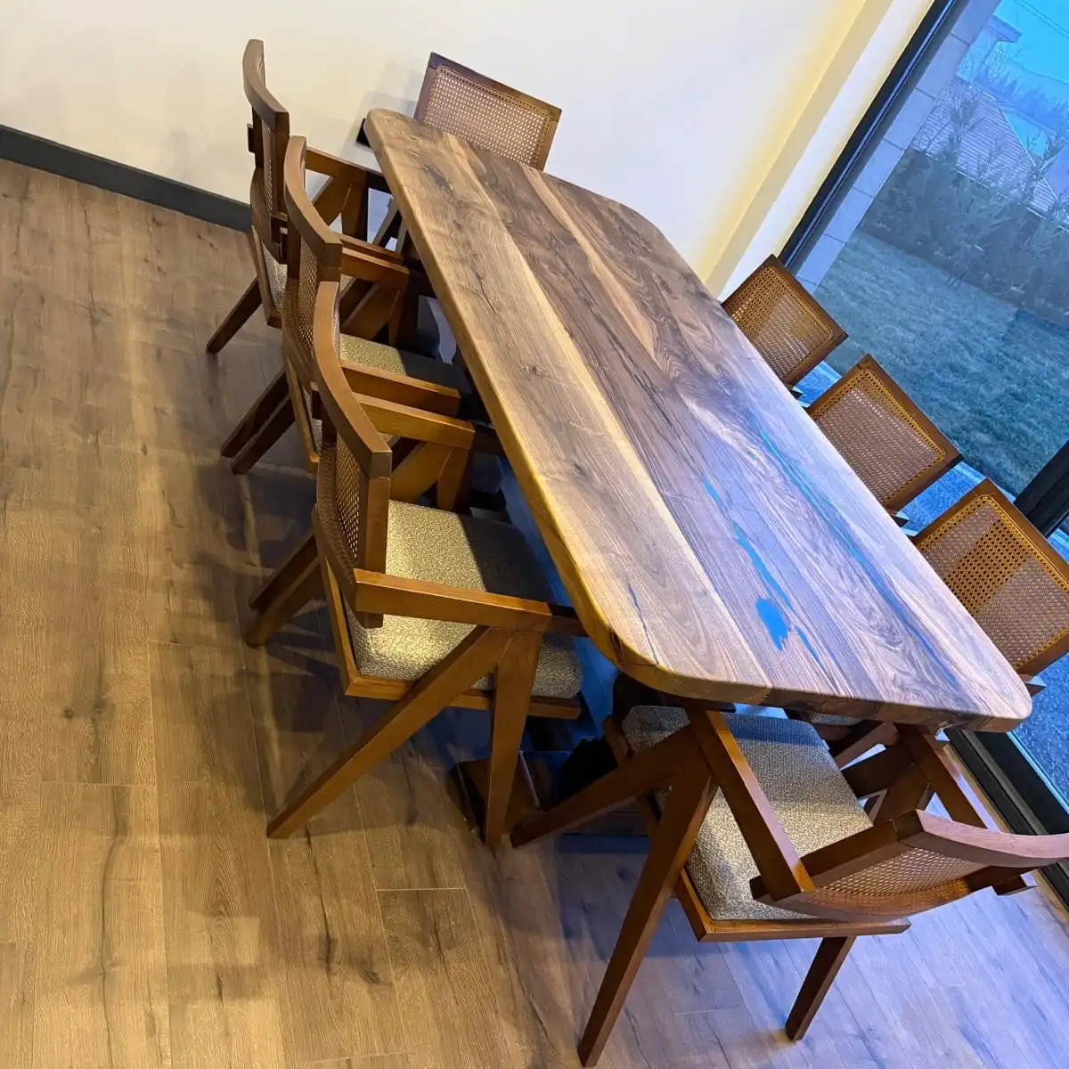 large solid wood dining table set for six people handcrafted walnut furniture