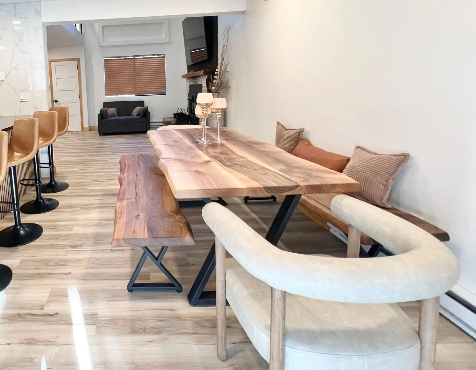 modern solid wood dining table with bench designed for contemporary dining interiors