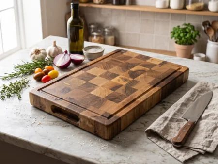 Reversible end grain cutting board featuring deep juice groove on one side and flat prep surface on the reverse.