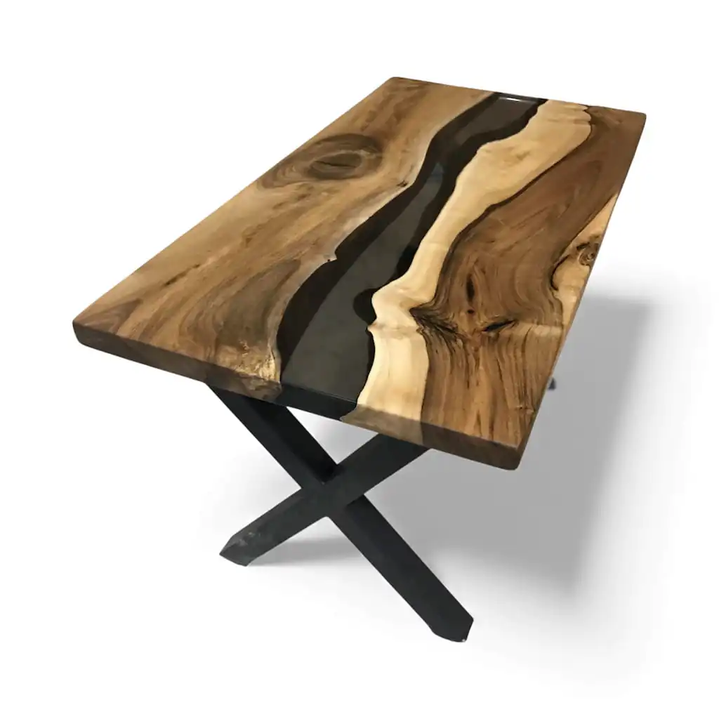 transparent black epoxy coffee table handcrafted from solid walnut slab with translucent dark resin river