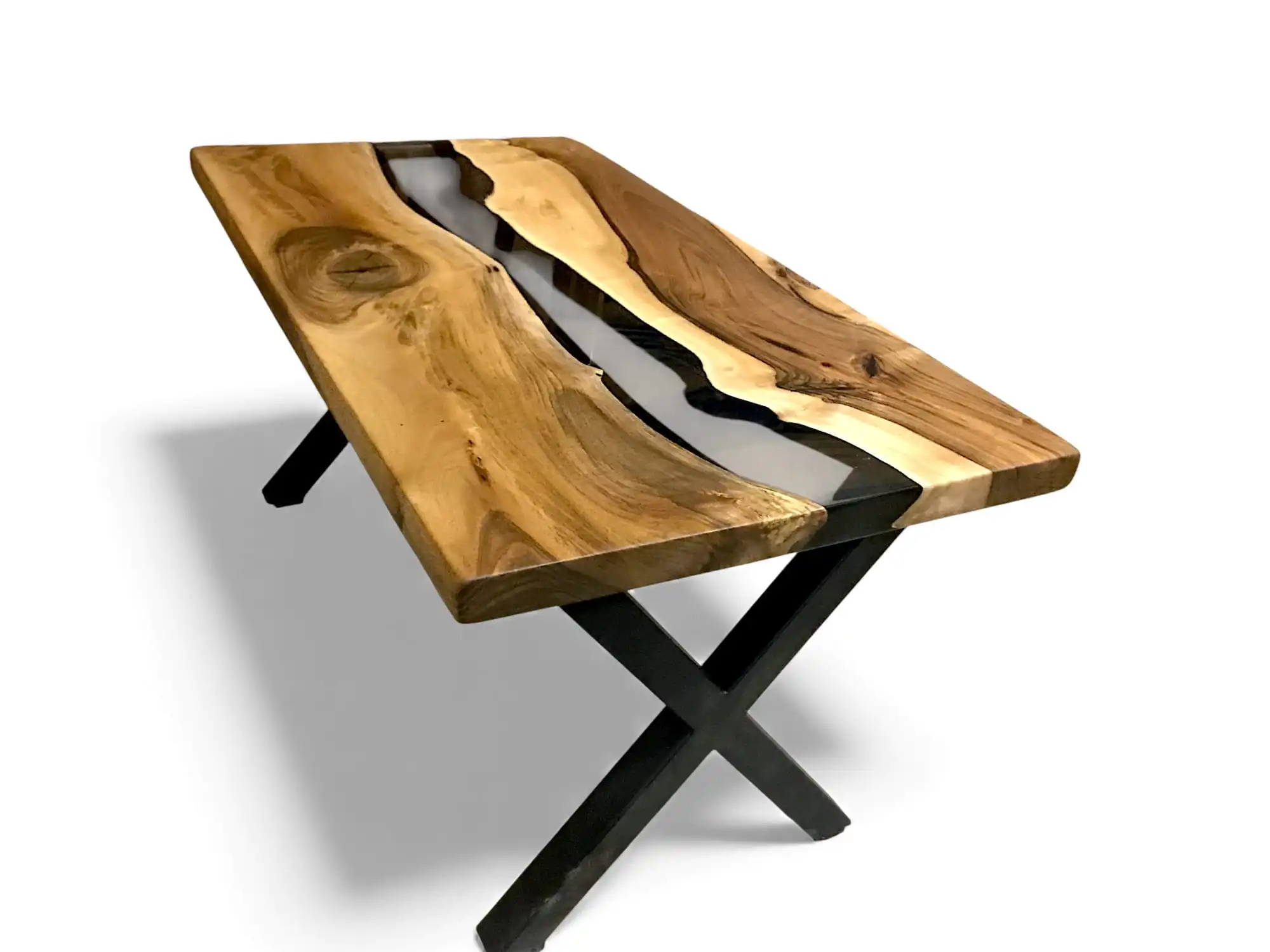 transparent black epoxy coffee table walnut slab centerpiece in modern living room interior