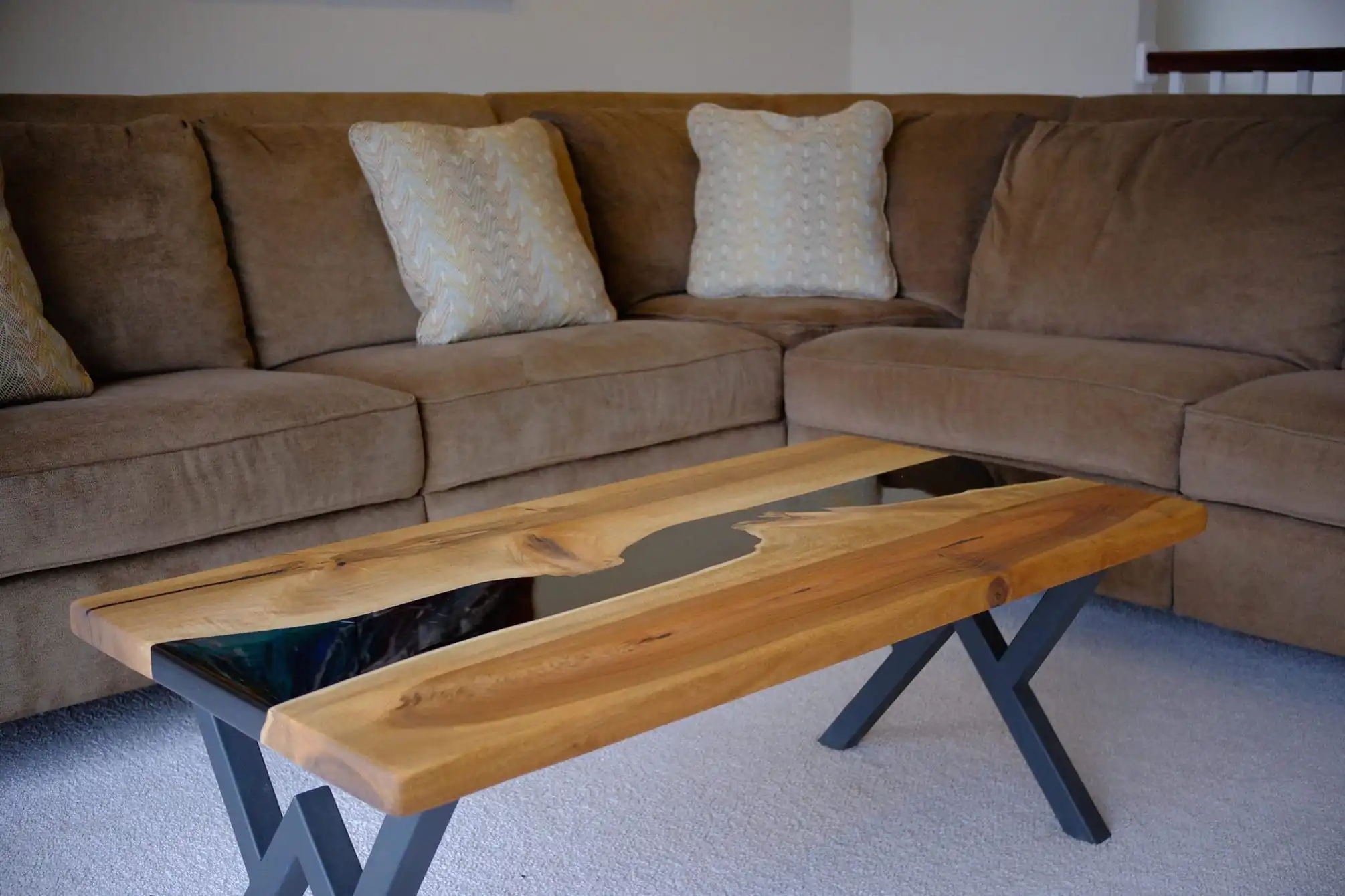 epoxy coffee table solid walnut centerpiece in modern living room interior design