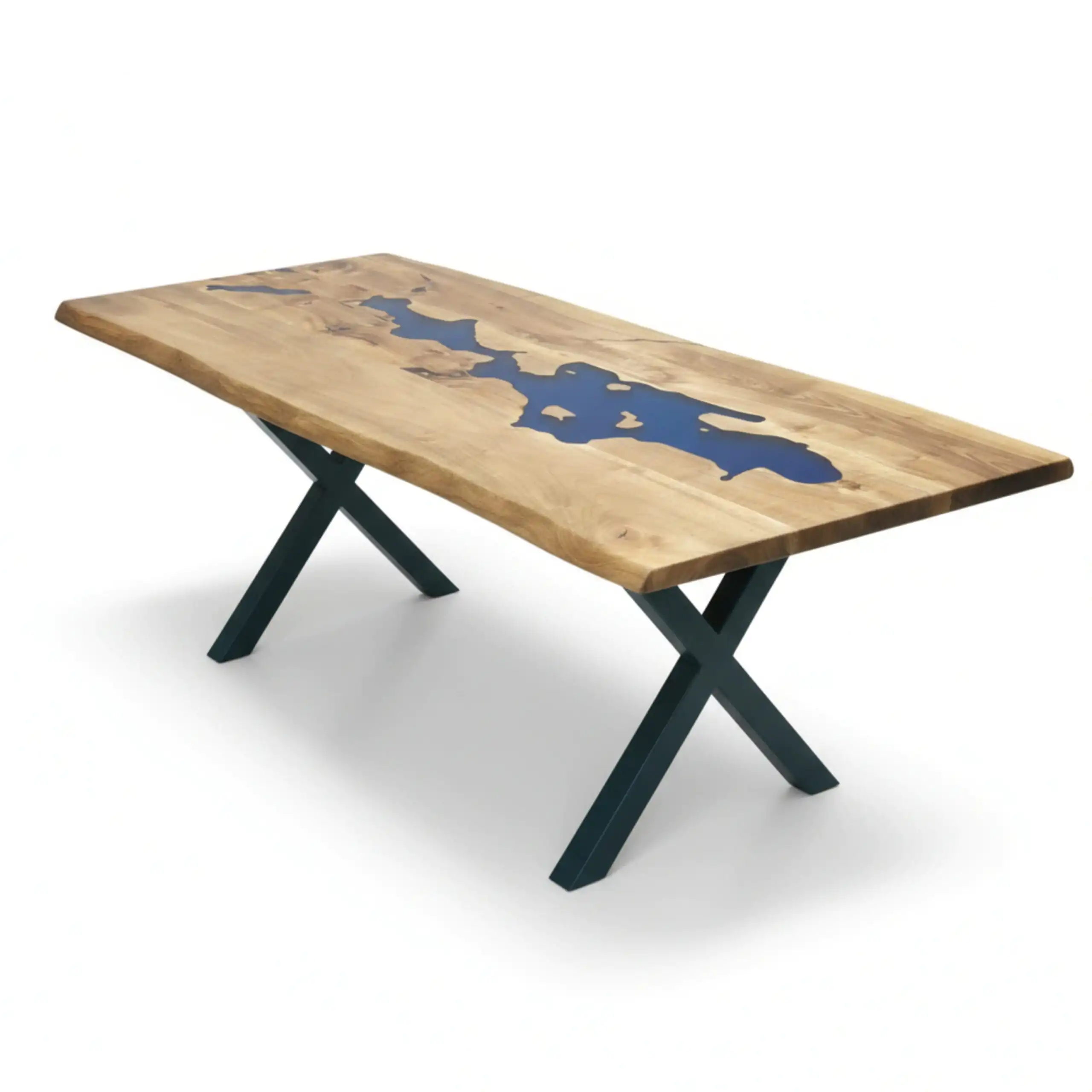 Custom epoxy table final finish walnut blue resin