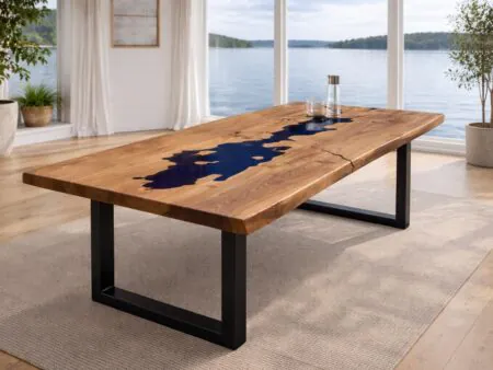 Custom epoxy table lake silhouette blue resin walnut