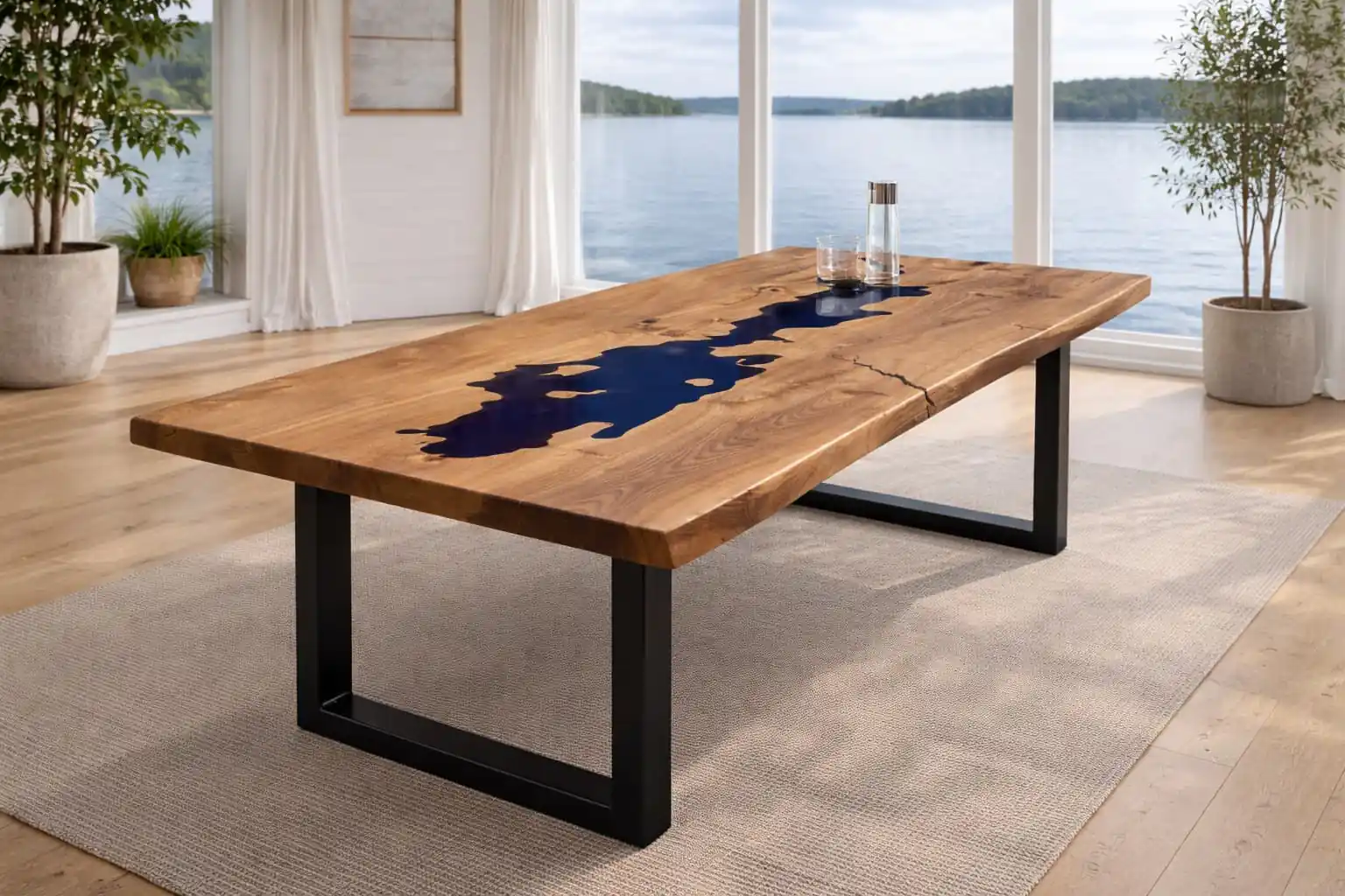 Custom epoxy table lake silhouette blue resin walnut