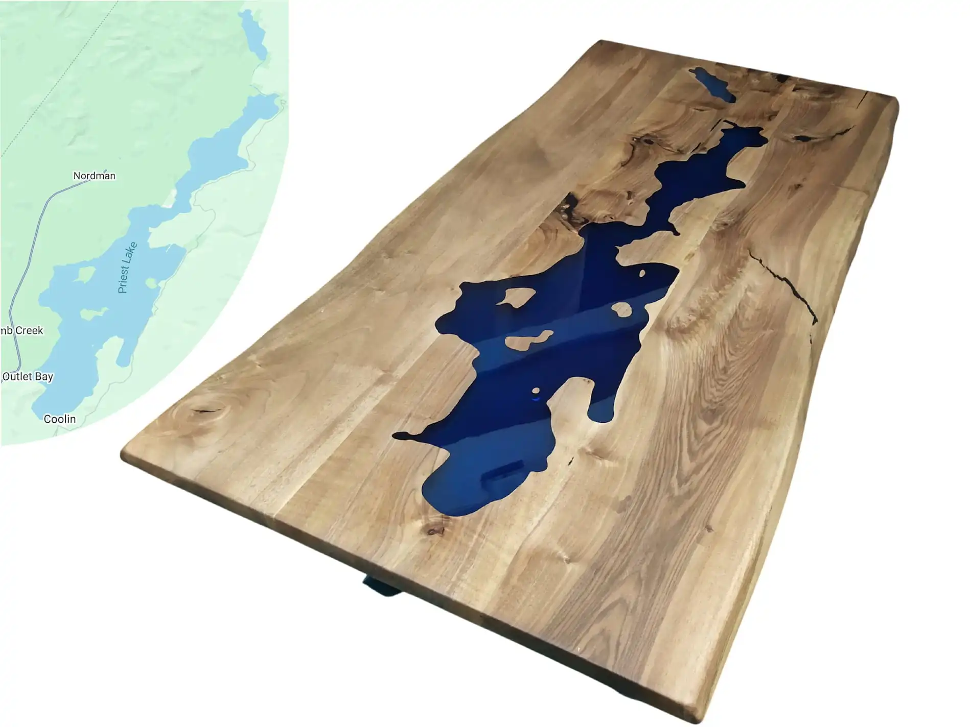 Custom epoxy table lake shape top view walnut