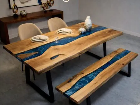 Epoxy Dining Table Set matching bench detail walnut epoxy
