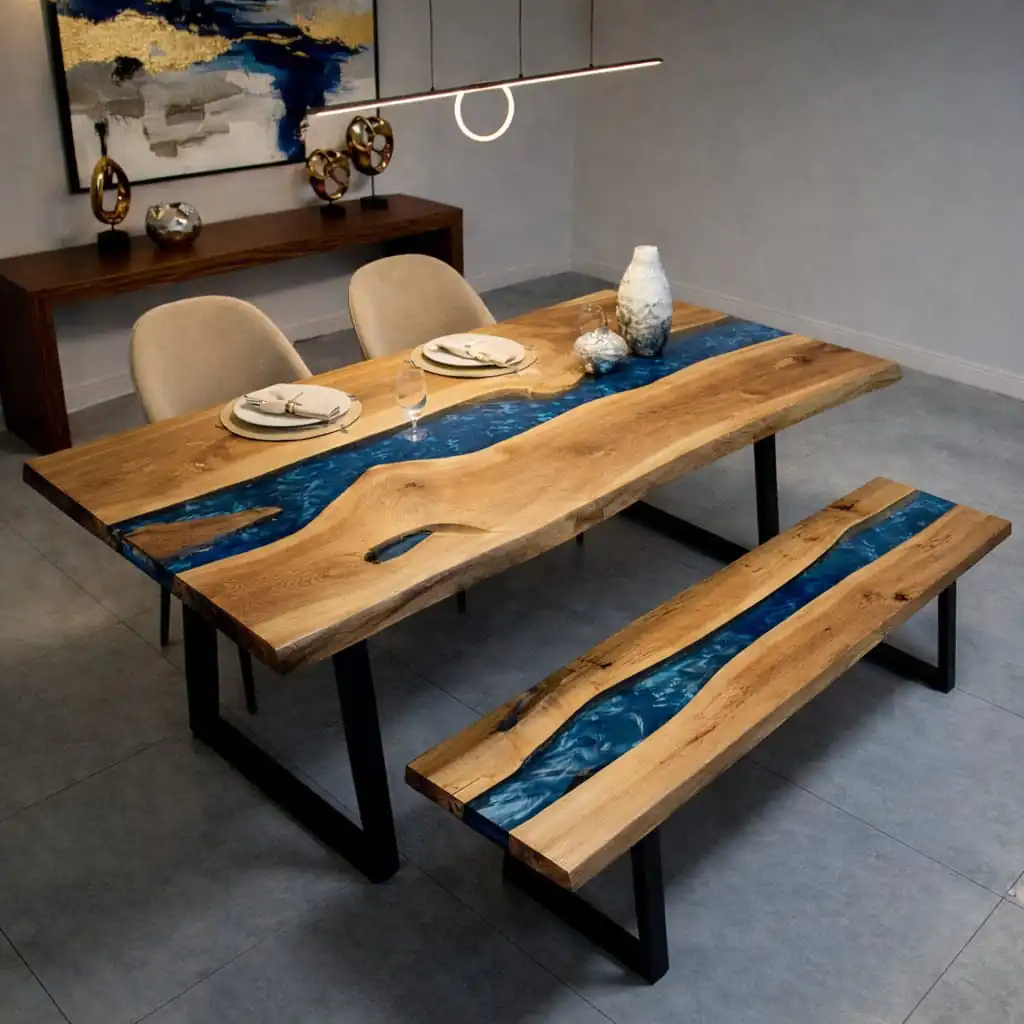 Epoxy Dining Table Set matching bench detail walnut epoxy