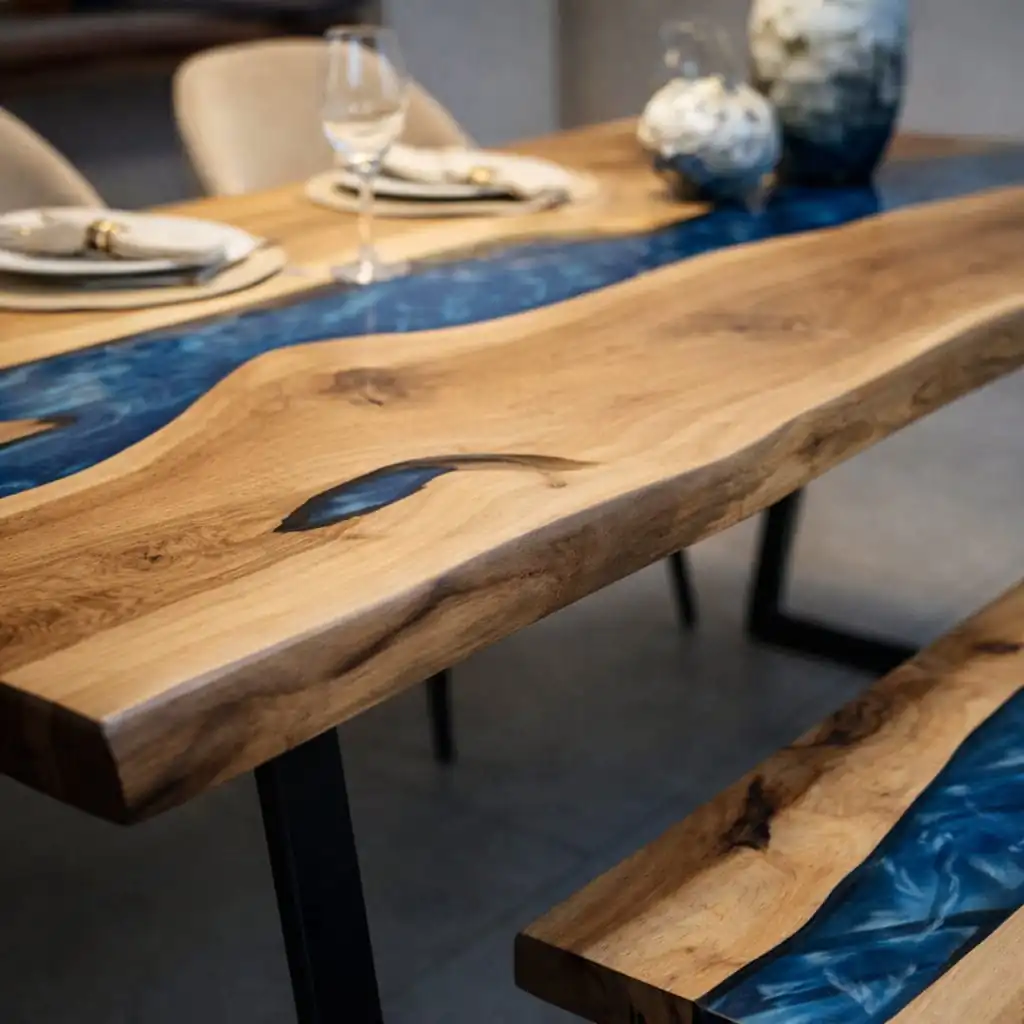 Epoxy Dining Table Set navy blue resin river detail