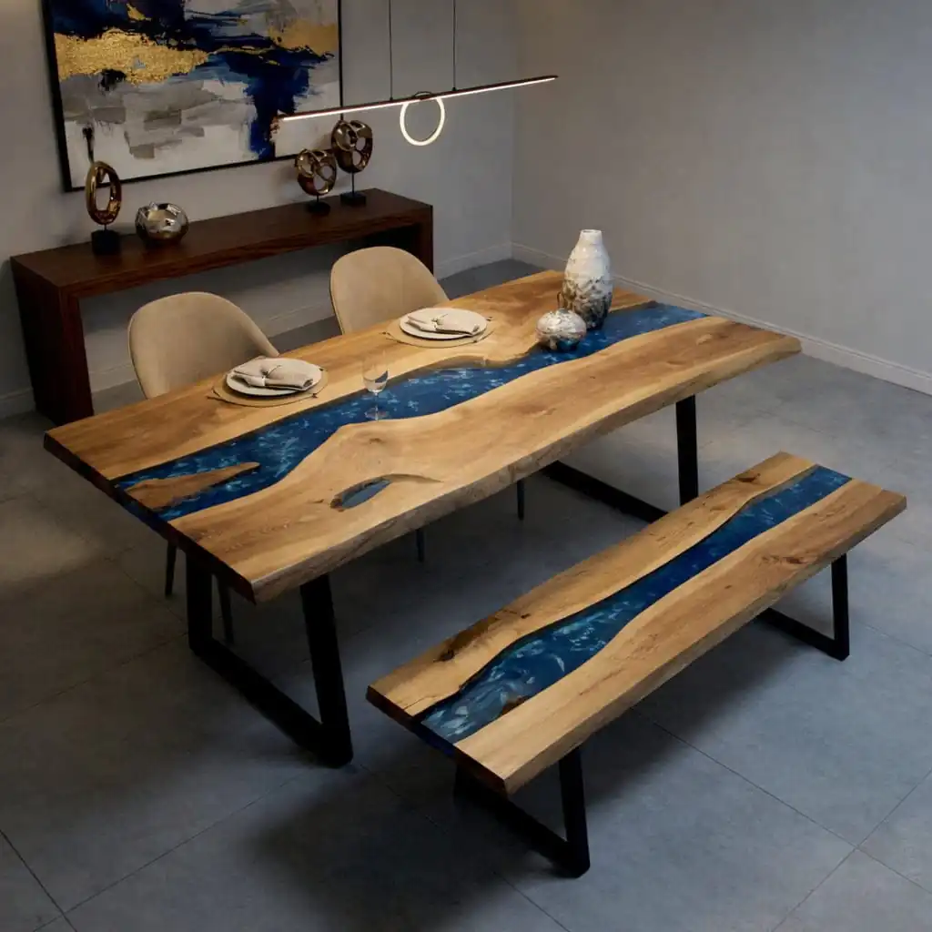 Epoxy Dining Table Set with one matching epoxy bench