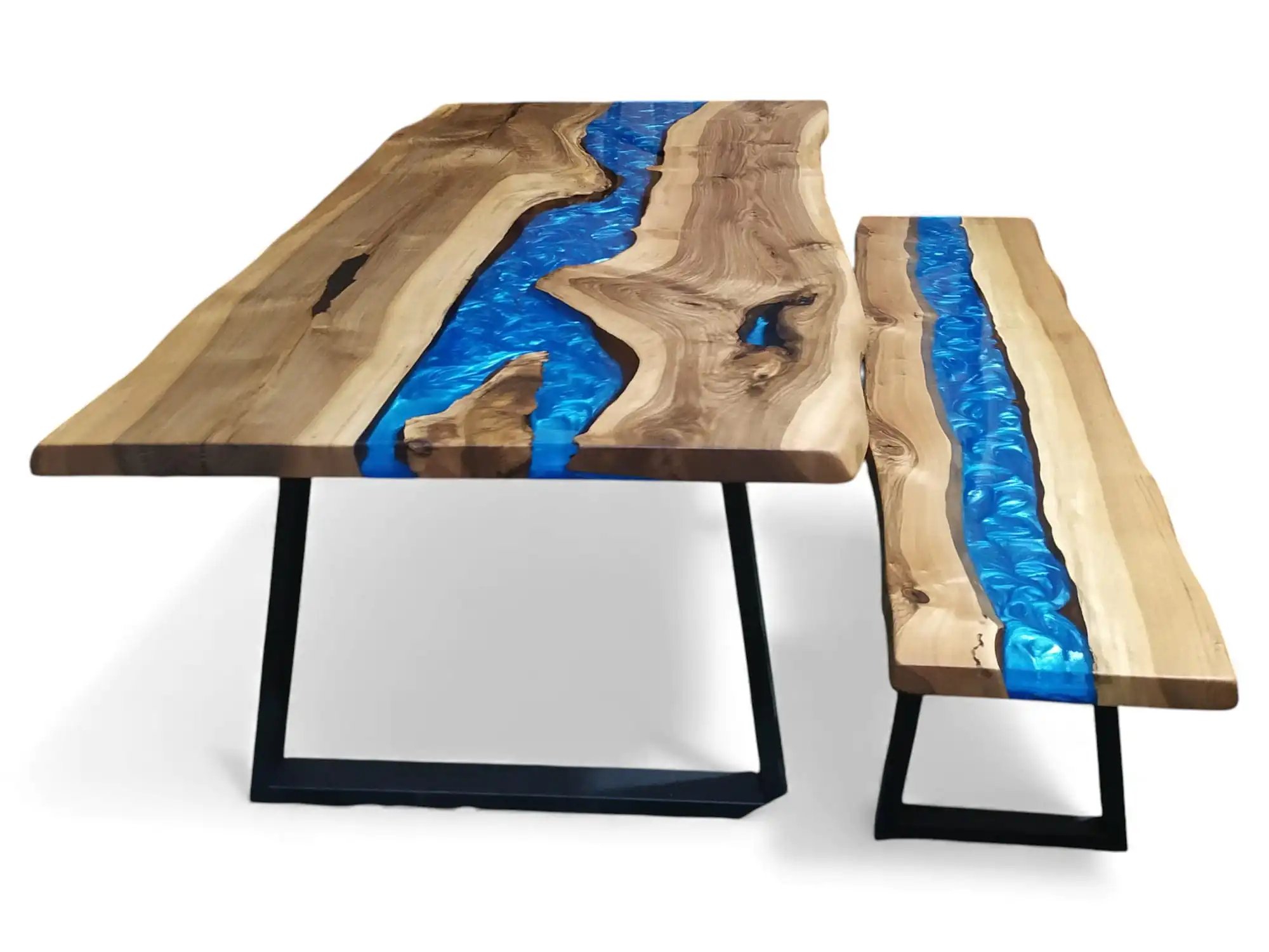 Epoxy Dining Table Set walnut navy blue table with matching bench WOWbyALP