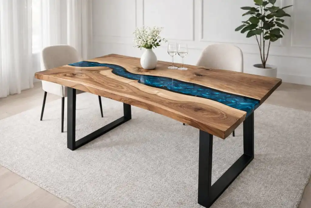 Epoxy River Dining Table navy blue walnut handcrafted by WOWbyALP
