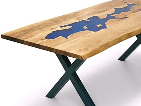Luxury custom blue lake walnut epoxy table hero image with white background.