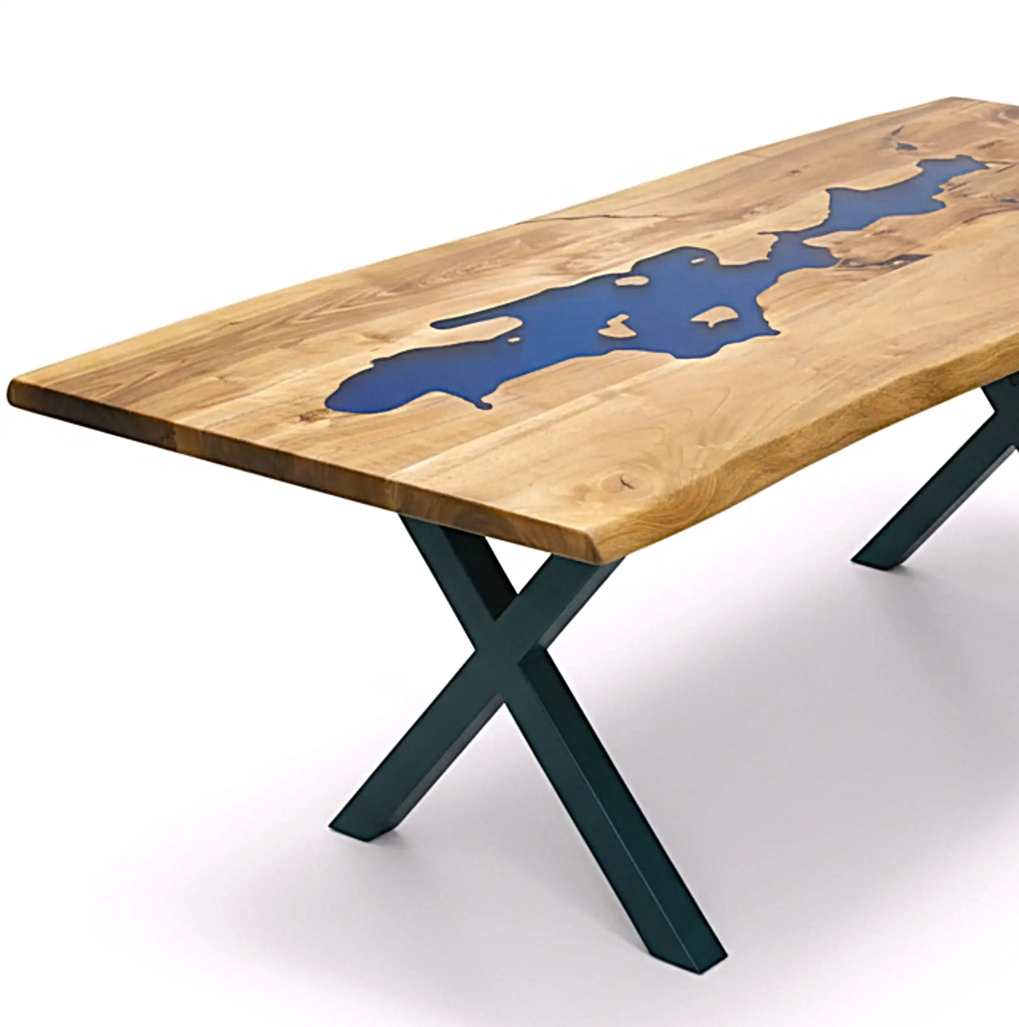Luxury custom blue lake walnut epoxy table hero image with white background.
