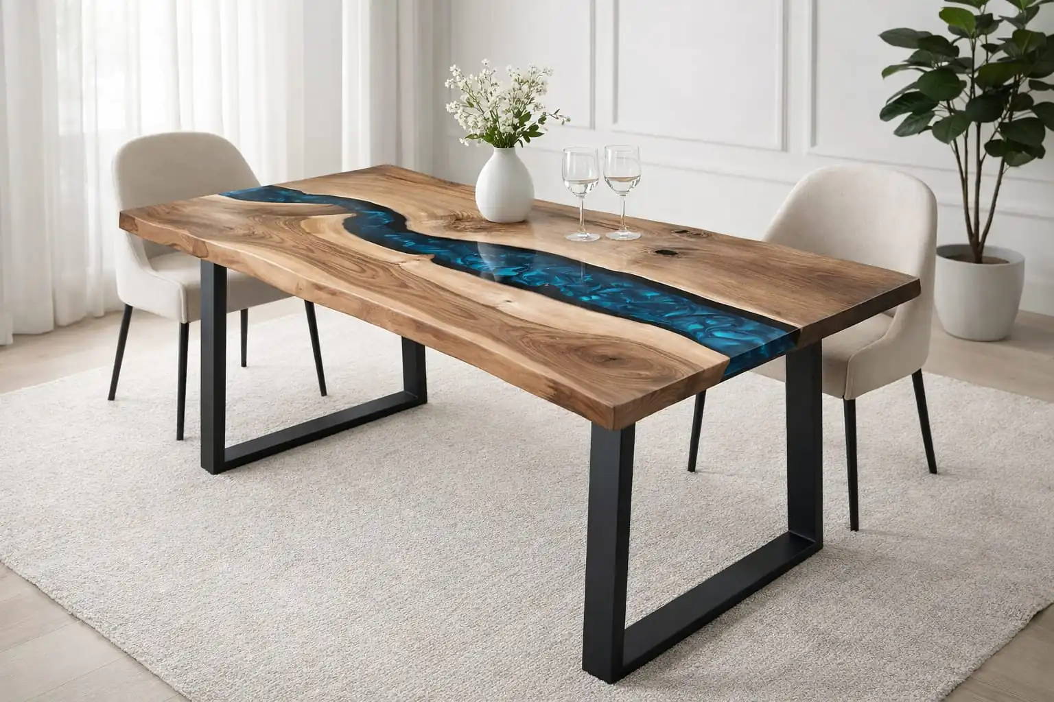 Luxury Epoxy River Dining Table navy blue walnut custom