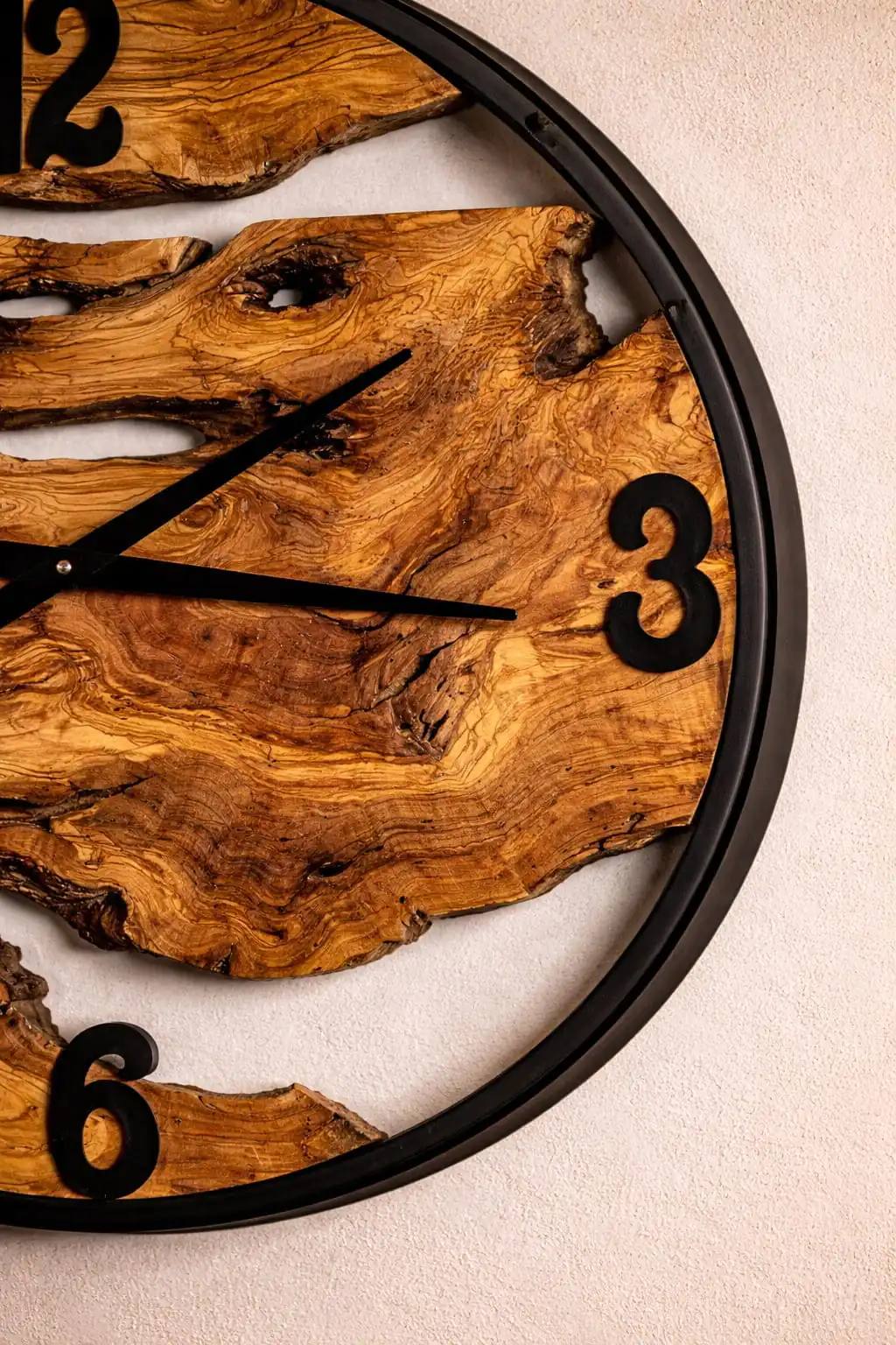 Oversized wall clock metal frame olive wood