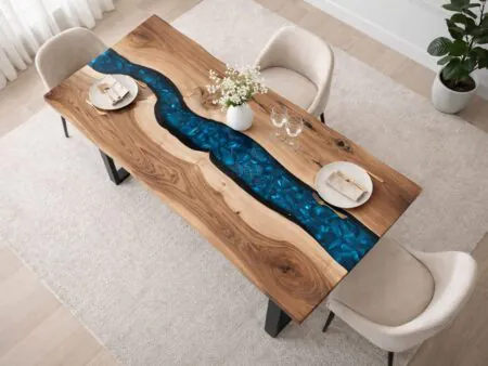 Navy blue epoxy river dining table top view walnut grain