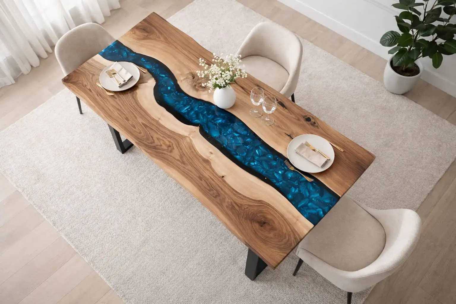 Navy blue epoxy river dining table top view walnut grain