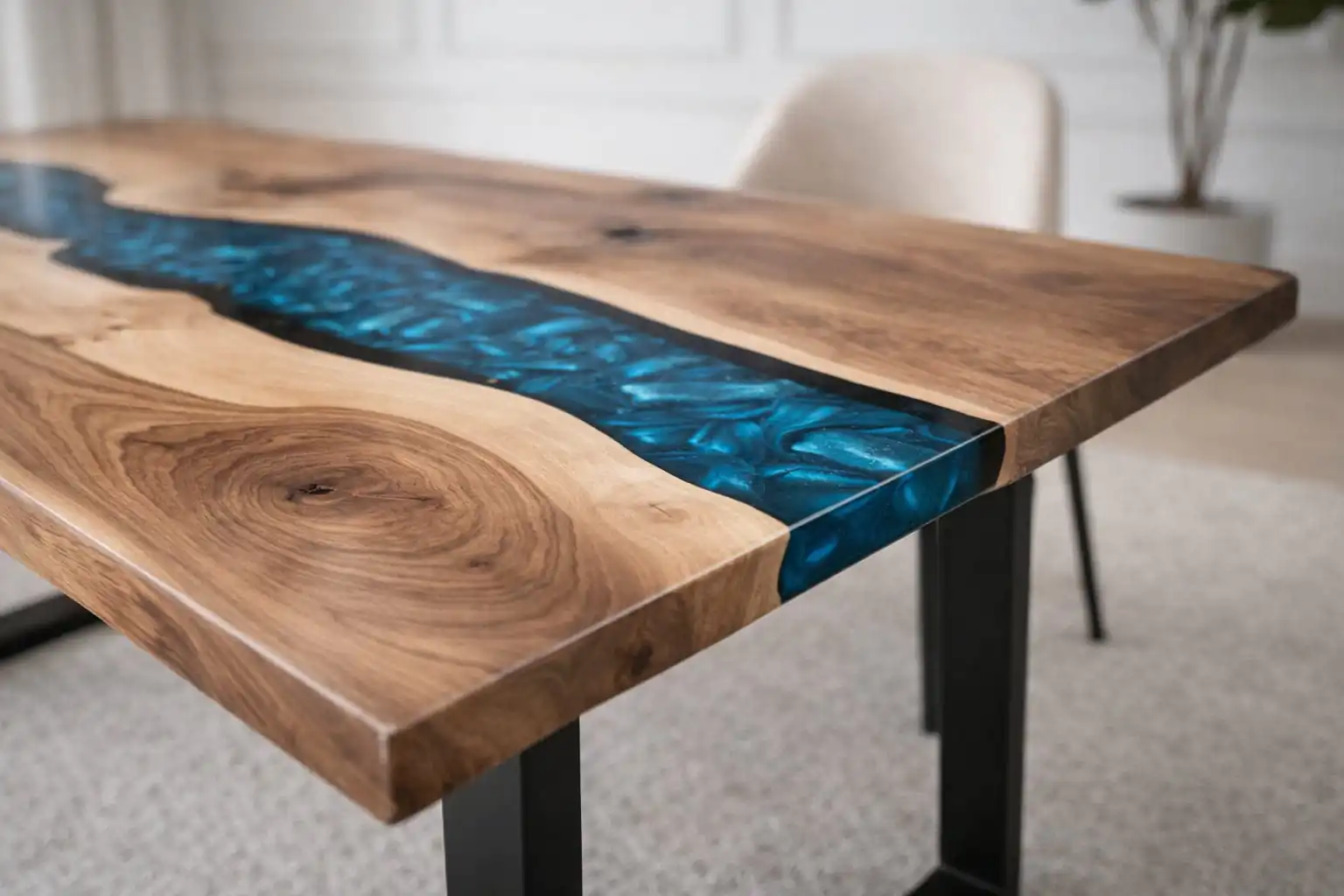 Epoxy River Dining Table navy blue resin close up