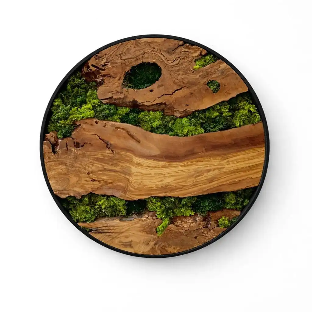 Round moss wall art olive wood grain detail
