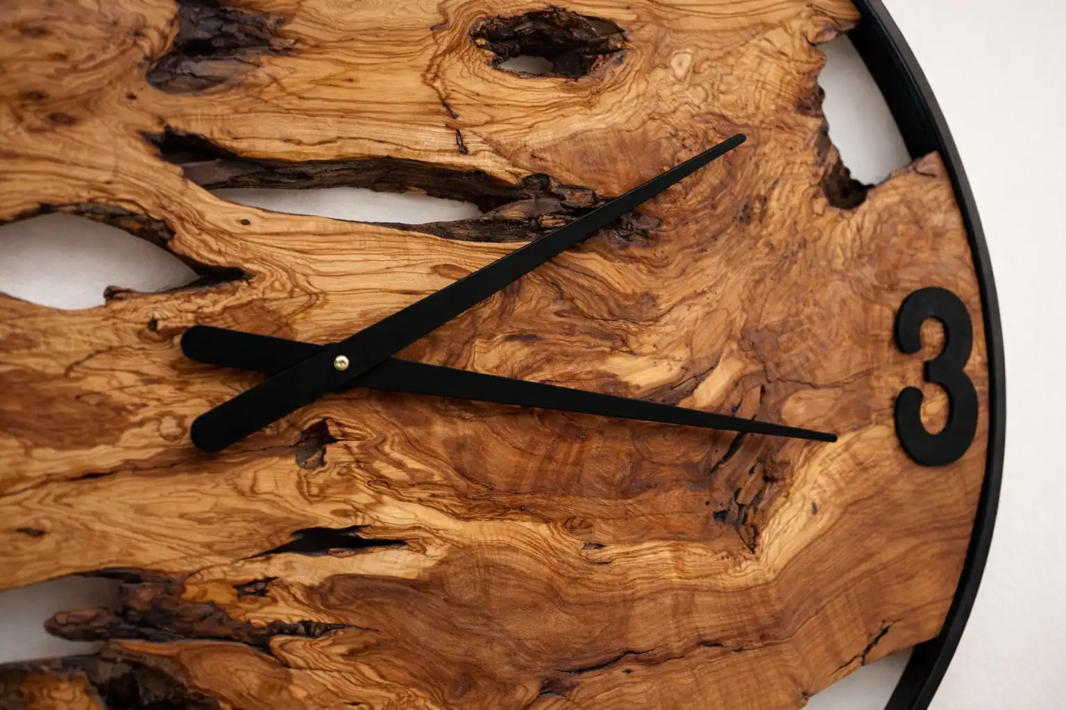 Oversized wall clock olive wood grain detail