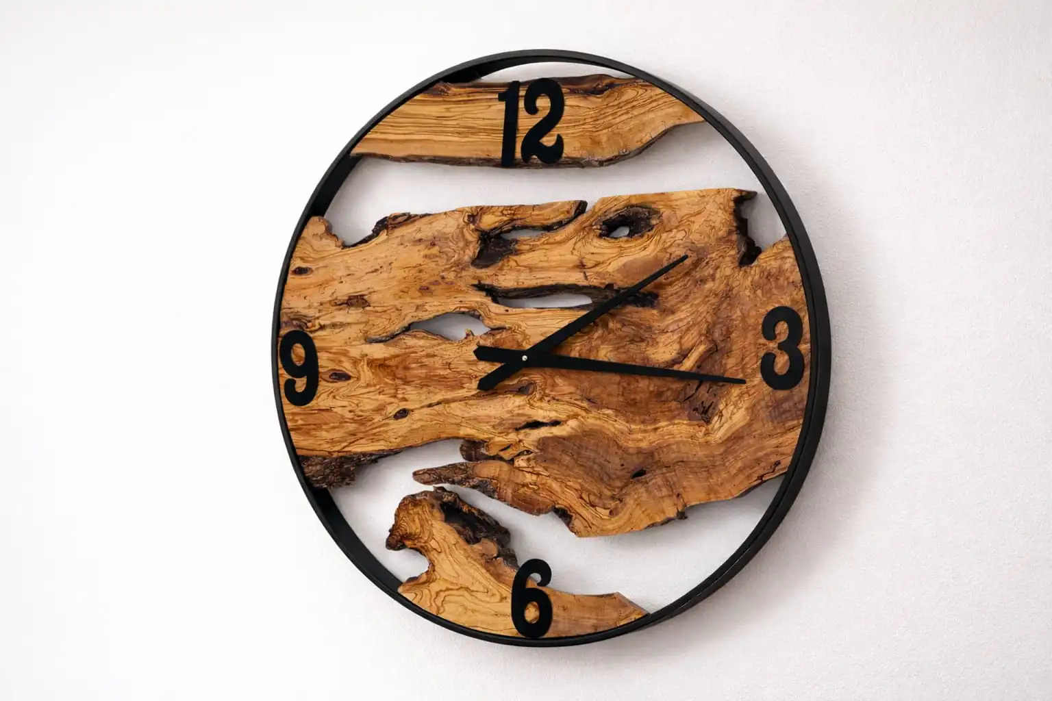 Olive Wood Live Edge Wall Clock with metal frame WOWbyALP