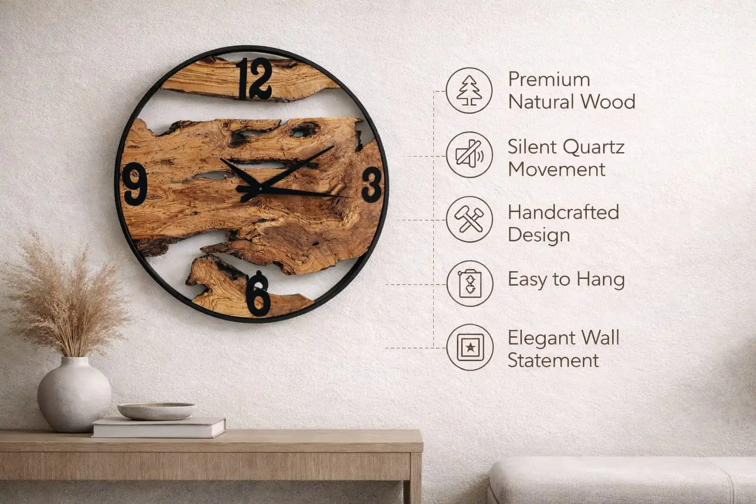 Oversized wall clock rustic modern design olive wood