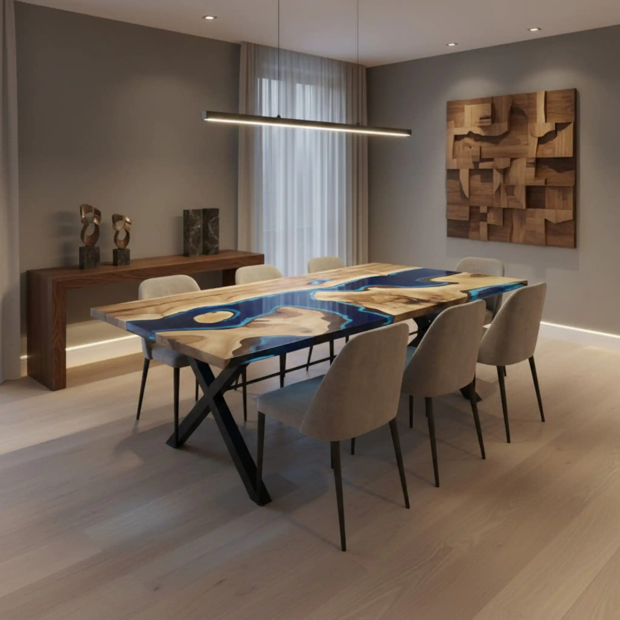 The blue and white epoxy dining table styled in a modern, well-lit dining room.